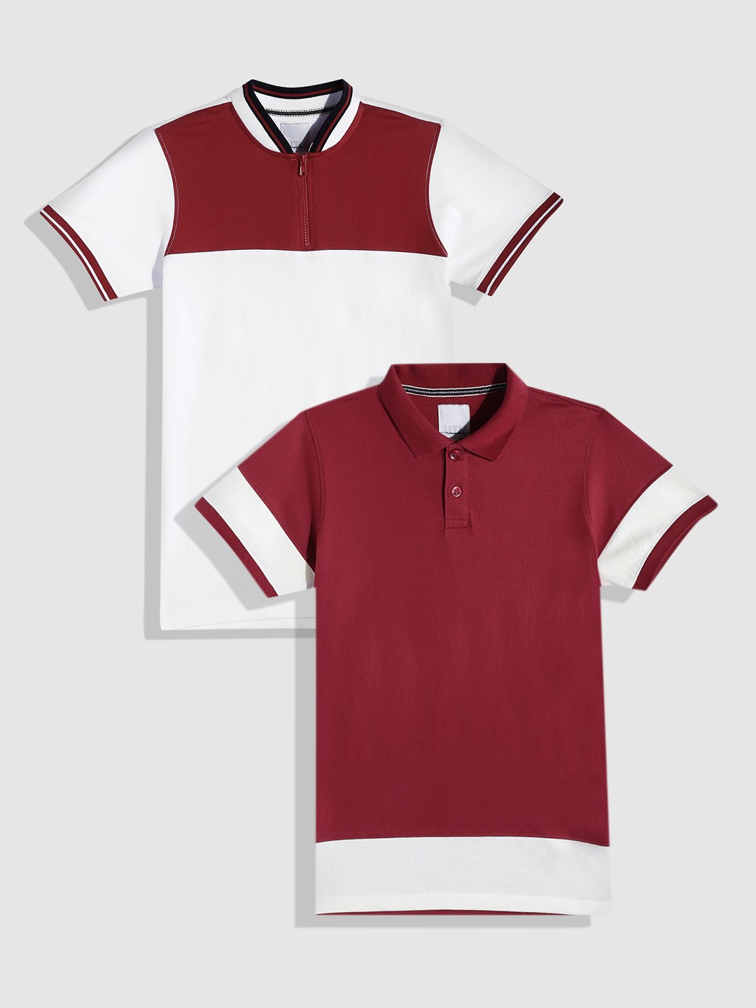 

UTH by Roadster Boys Pack of 2 Cotton Colourblocked Polo Collar T-Shirts, Red