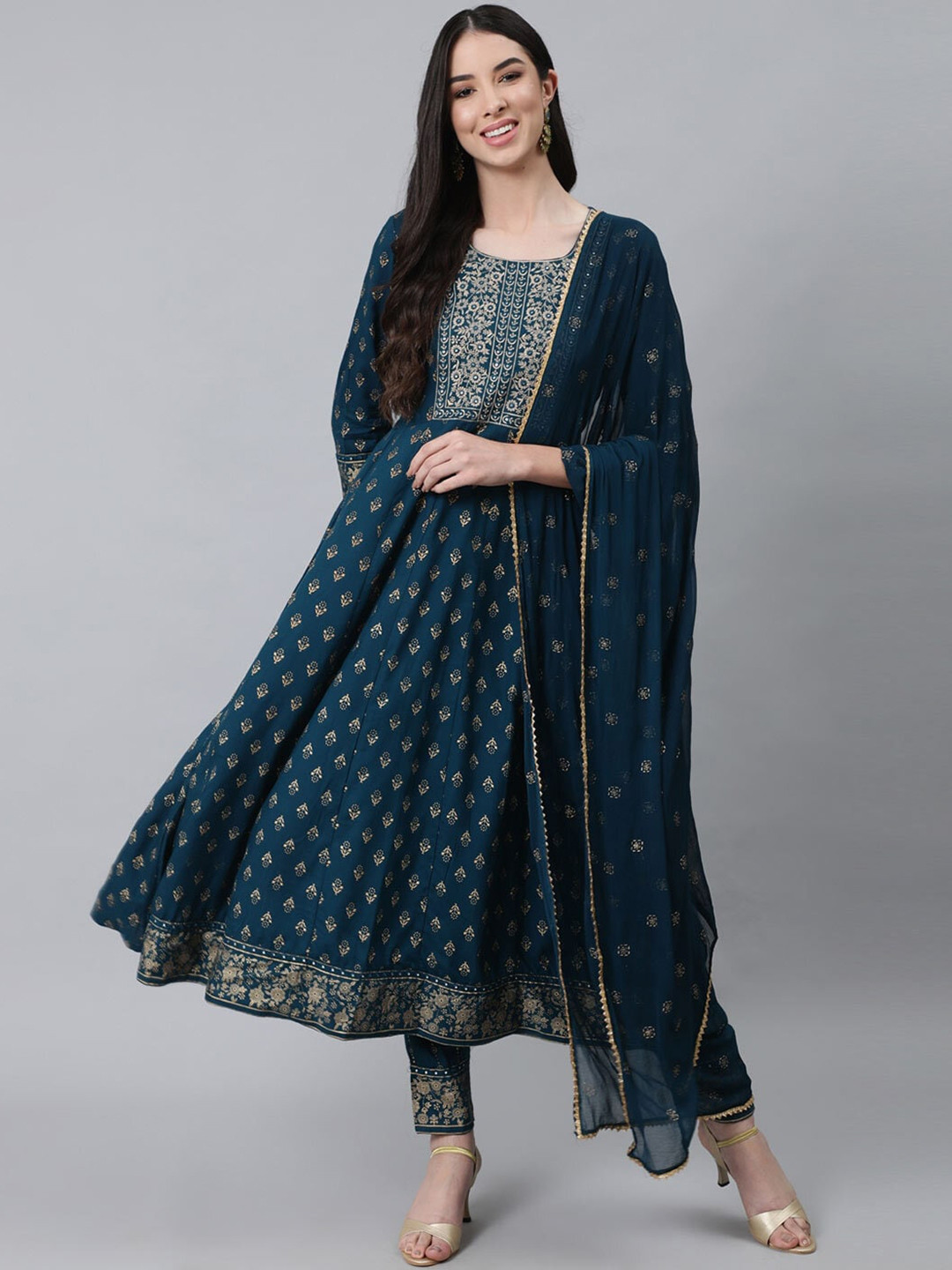 

KBZ Floral Printed Empire Kurta with Trousers & Dupatta, Blue