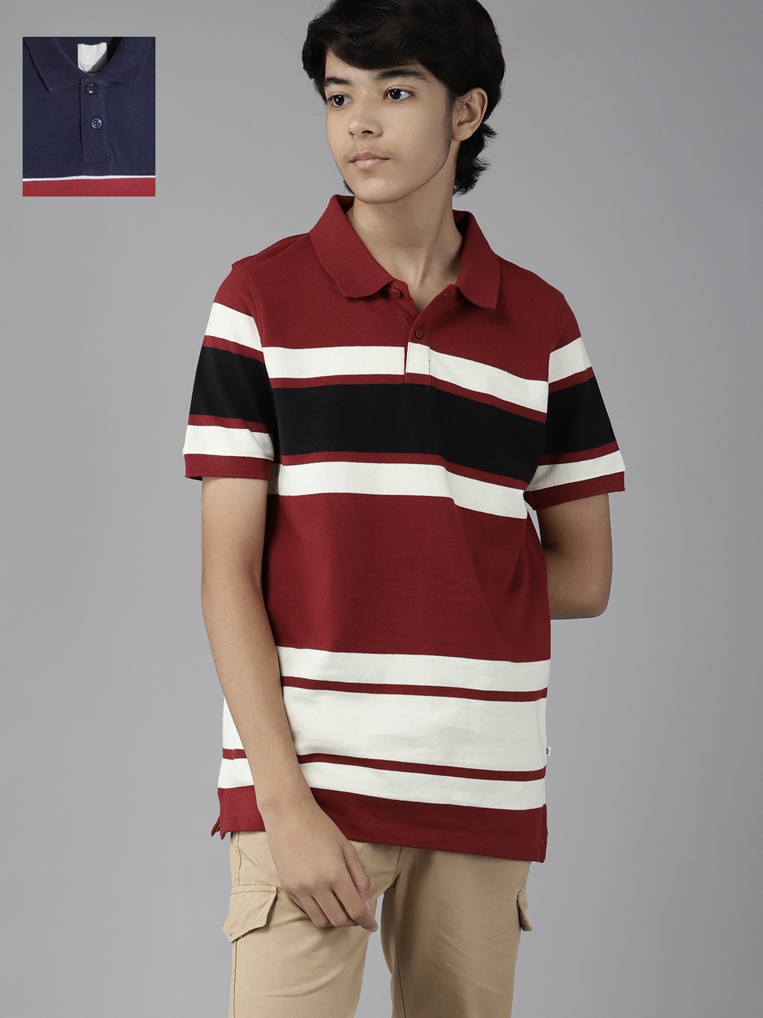 

UTH by Roadster Boys Pack of 2 Striped Cotton Polo Collar T-Shirts, Maroon