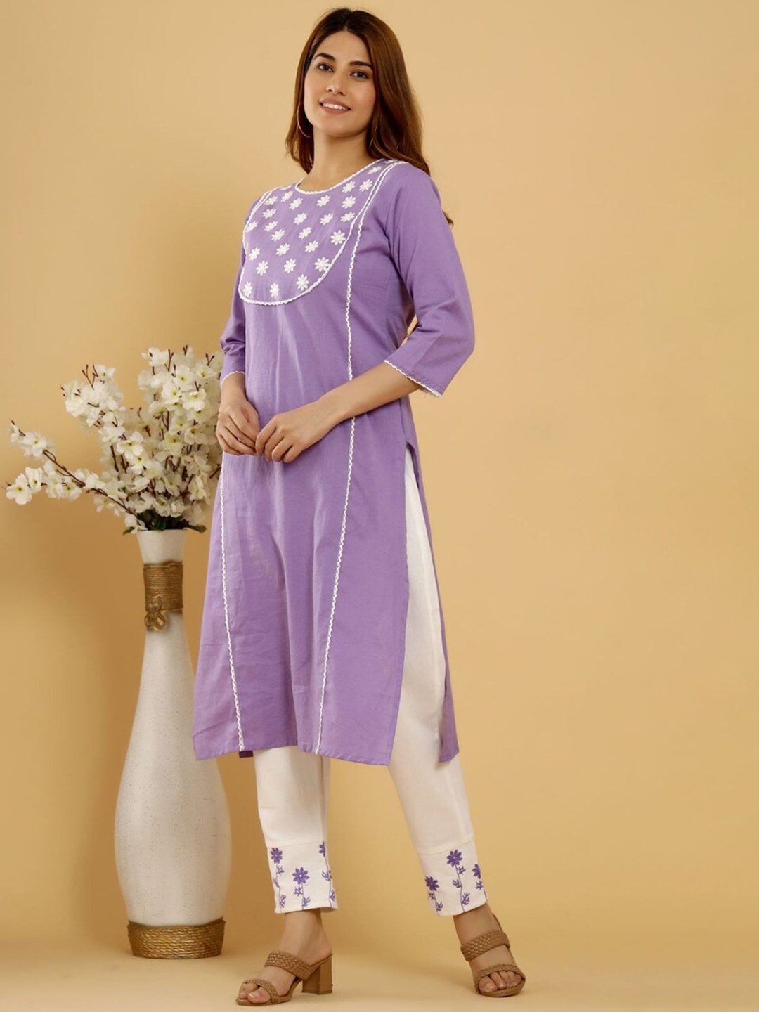 

AUTUMN LANE Floral Embroidered Round Neck Pure Cotton Kurta with Trousers, Purple