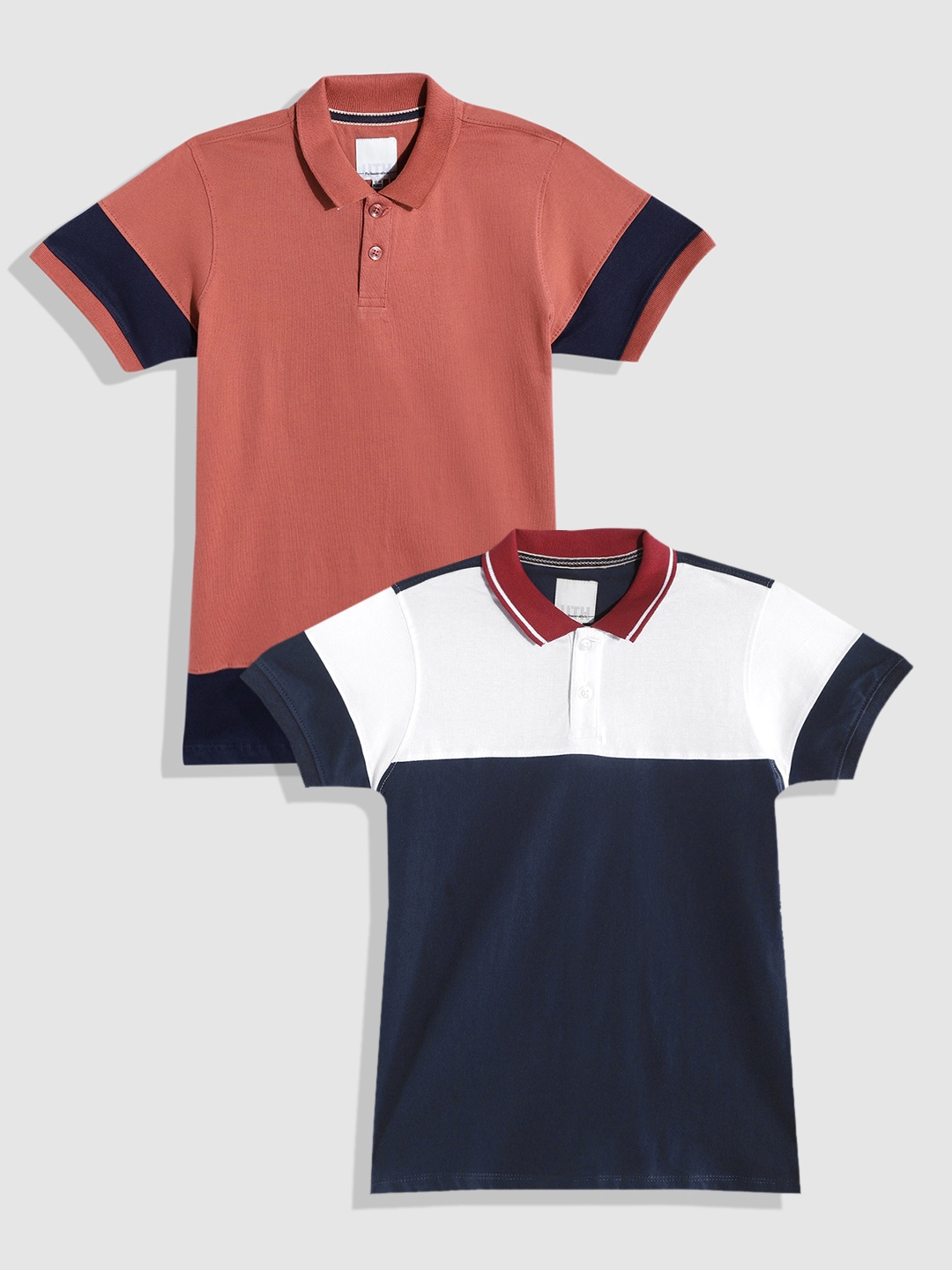 

UTH by Roadster Boys Pack of 2 Pure Cotton Colourblocked Polo Collar T-shirts, Rose