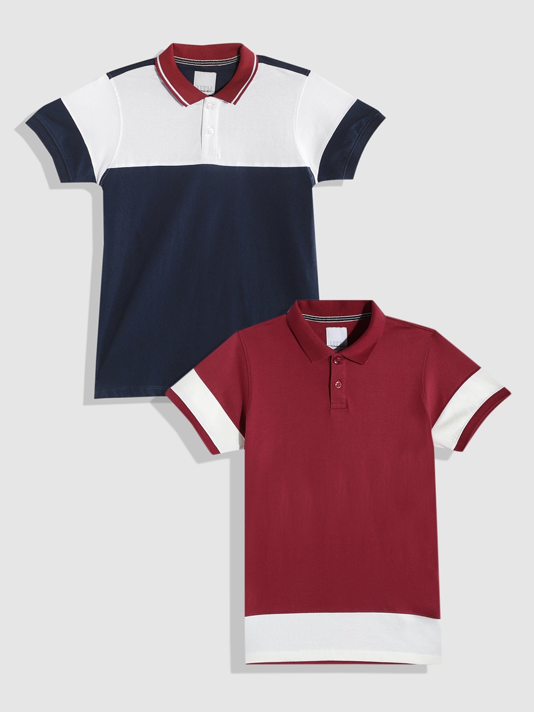

UTH by Roadster Boys Pack of 2 Pure Cotton Colourblocked Polo Collar T-shirts, Red