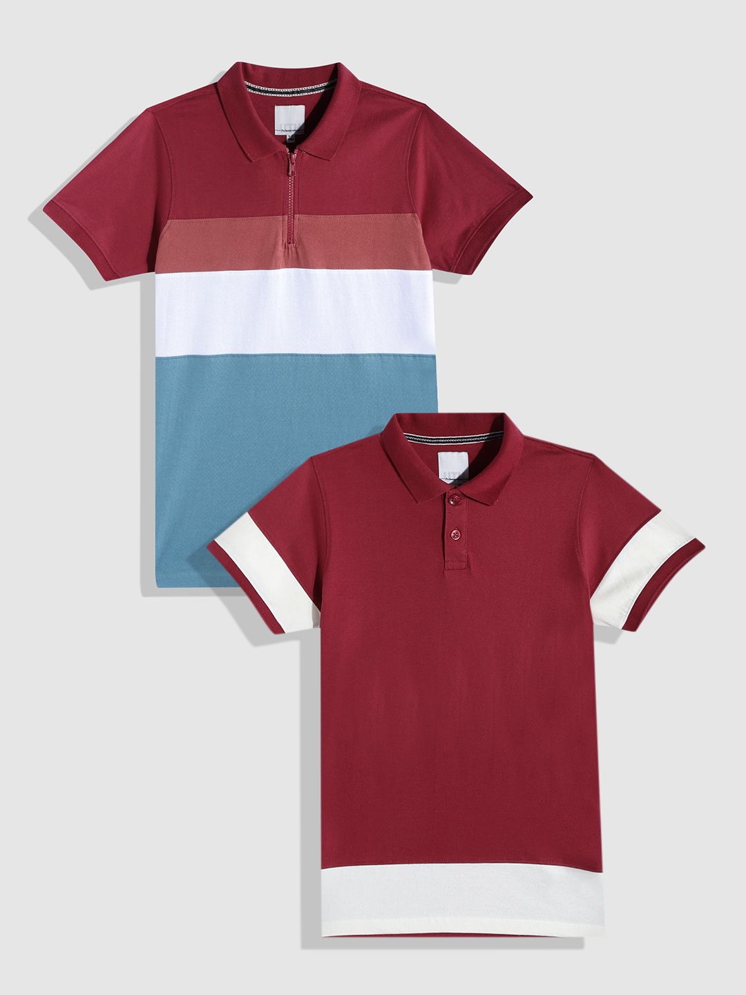 

UTH by Roadster Boys Pack of 2 Pure Cotton Colourblocked Polo Collar T-shirts, Red