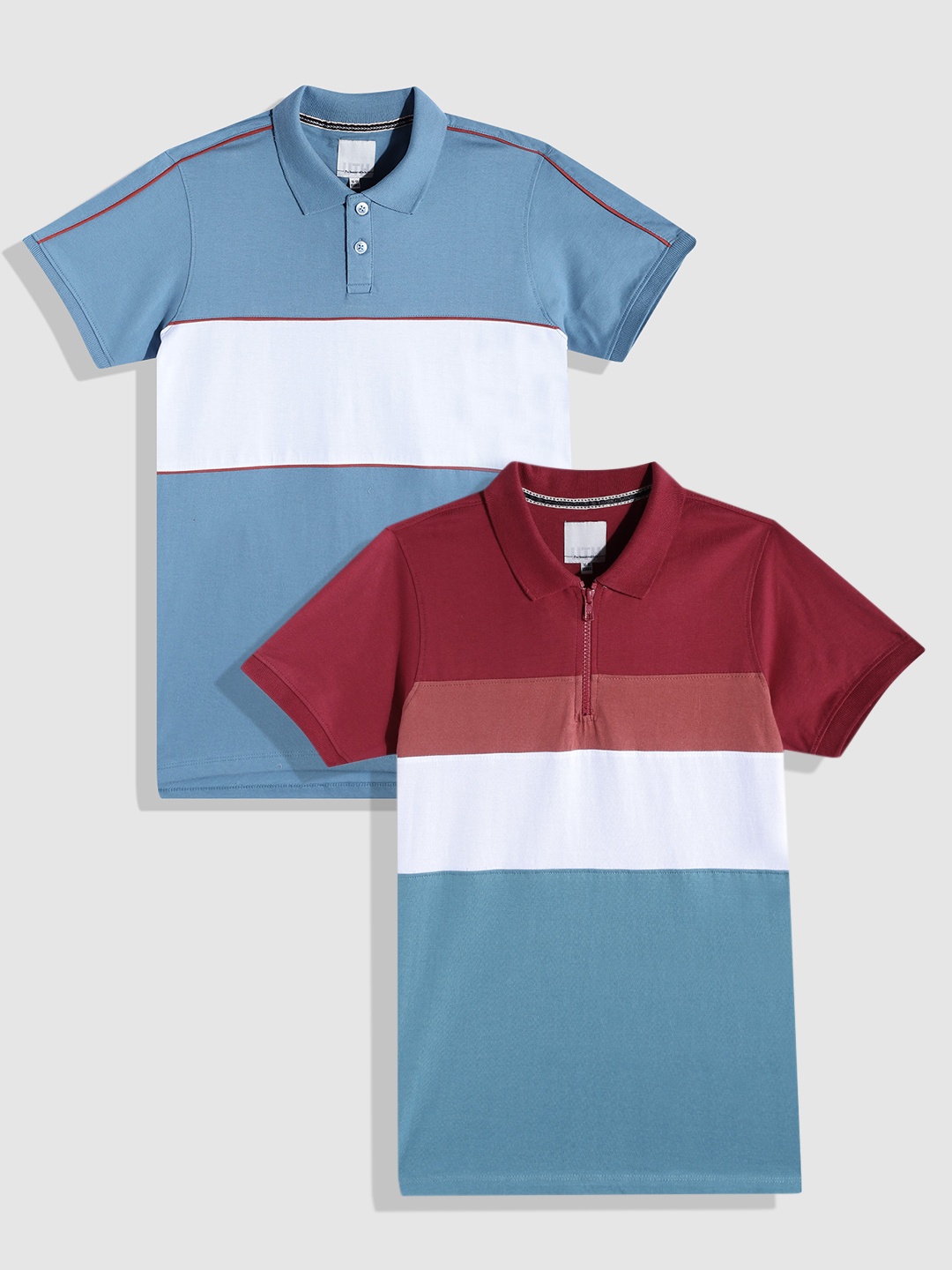 

UTH by Roadster Boys Pack of 2 Pure Cotton Colourblocked Polo Collar T-shirts, Red