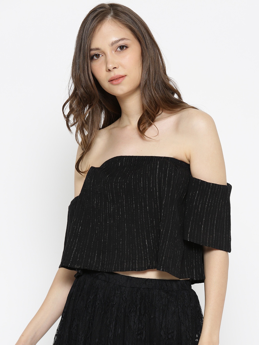 

FOREVER 21 Women Black Striped Bardot Crop Top