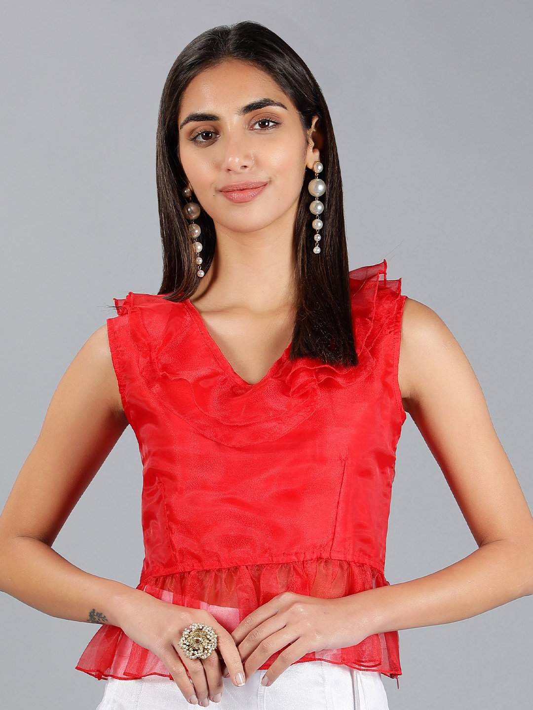 

NEUDIS Ruffles Peplum Top, Red