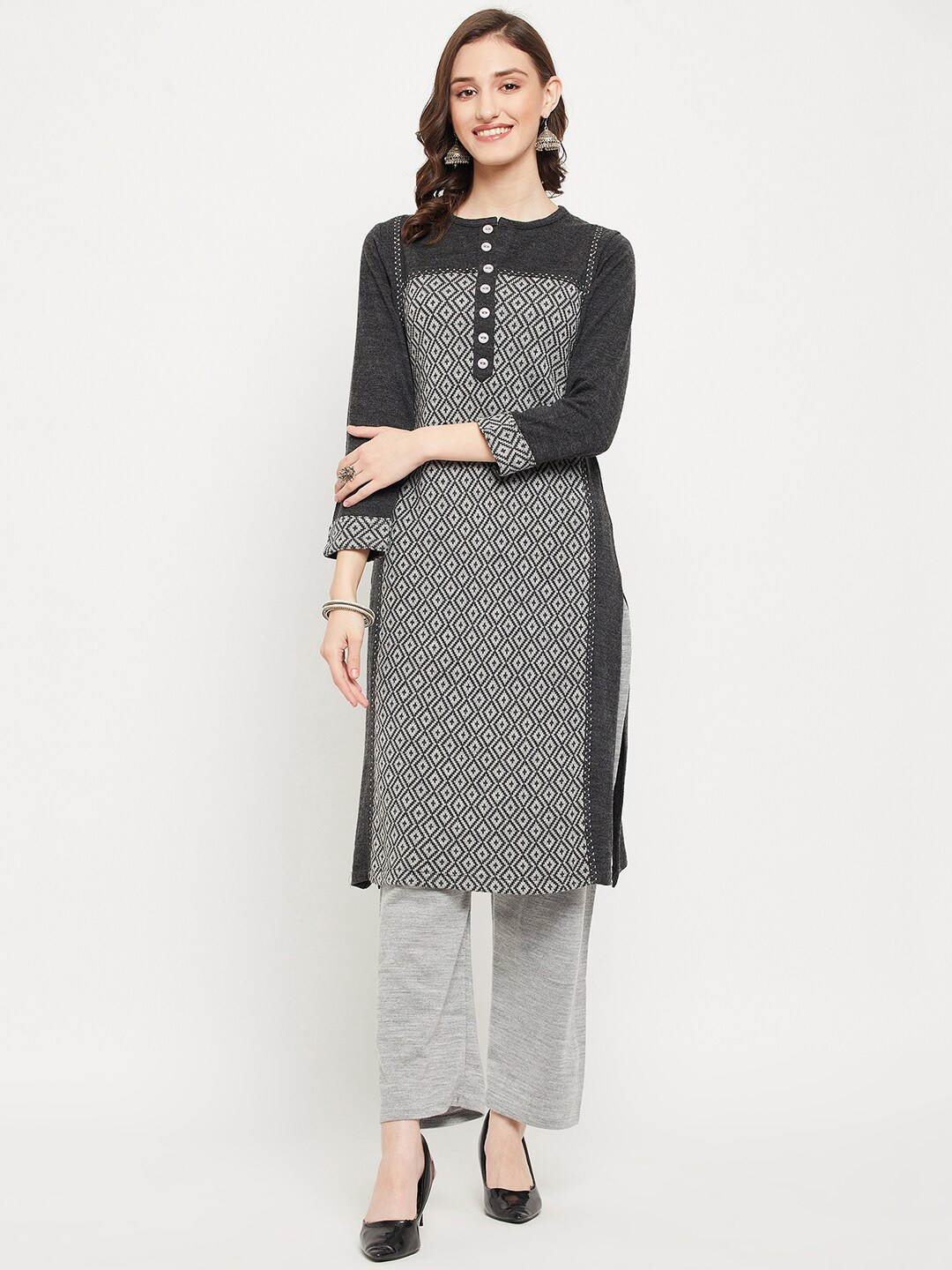 

Zigo Geometric Thread Work Straight Kurta, Grey