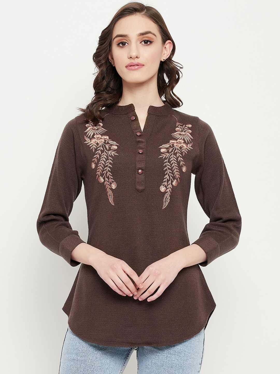 

Zigo Floral Embroidered Mandarin Collar Wool Top, Coffee brown