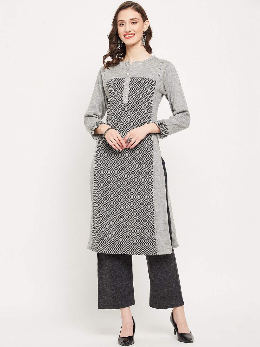 

Zigo Geometric Thread Work Wool Kurta, Grey