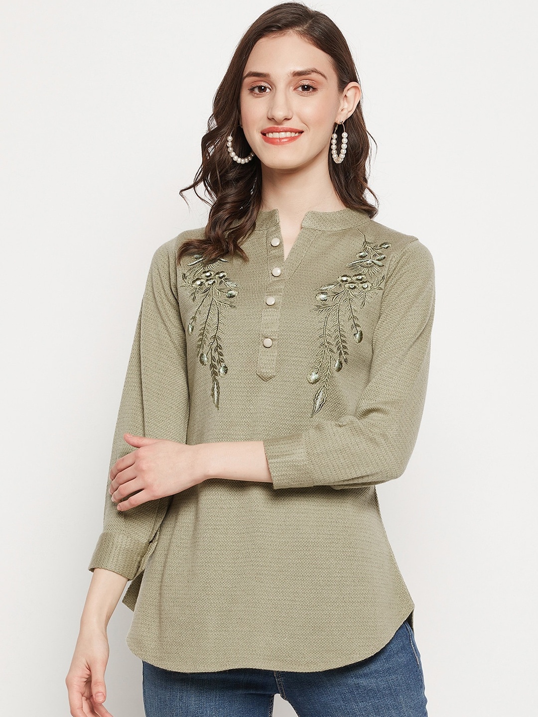 

Zigo Green Embroidered Woolen Kurti