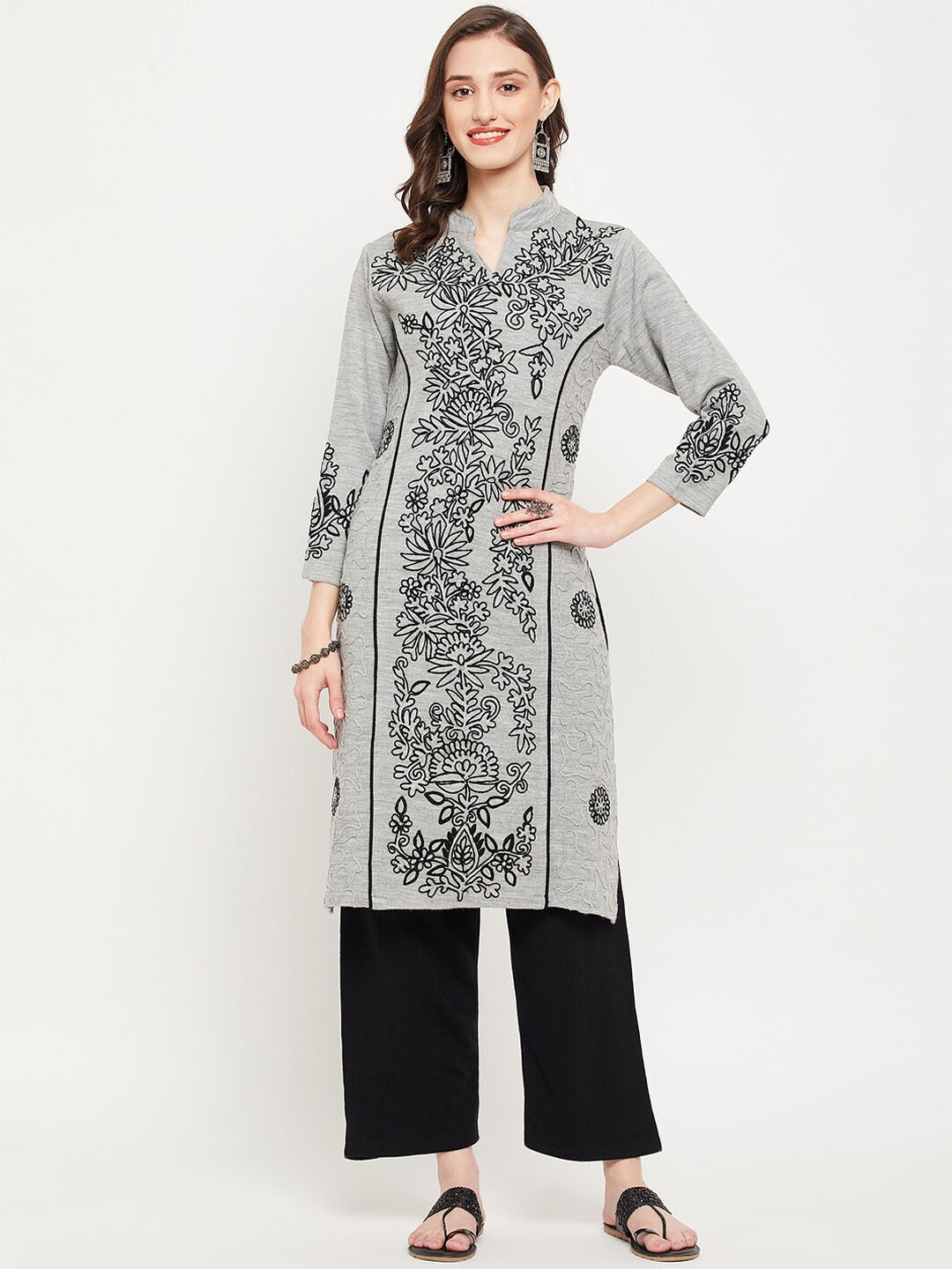 

Zigo Women Floral Embroidered Thread Work Kurta with Trousers, Grey