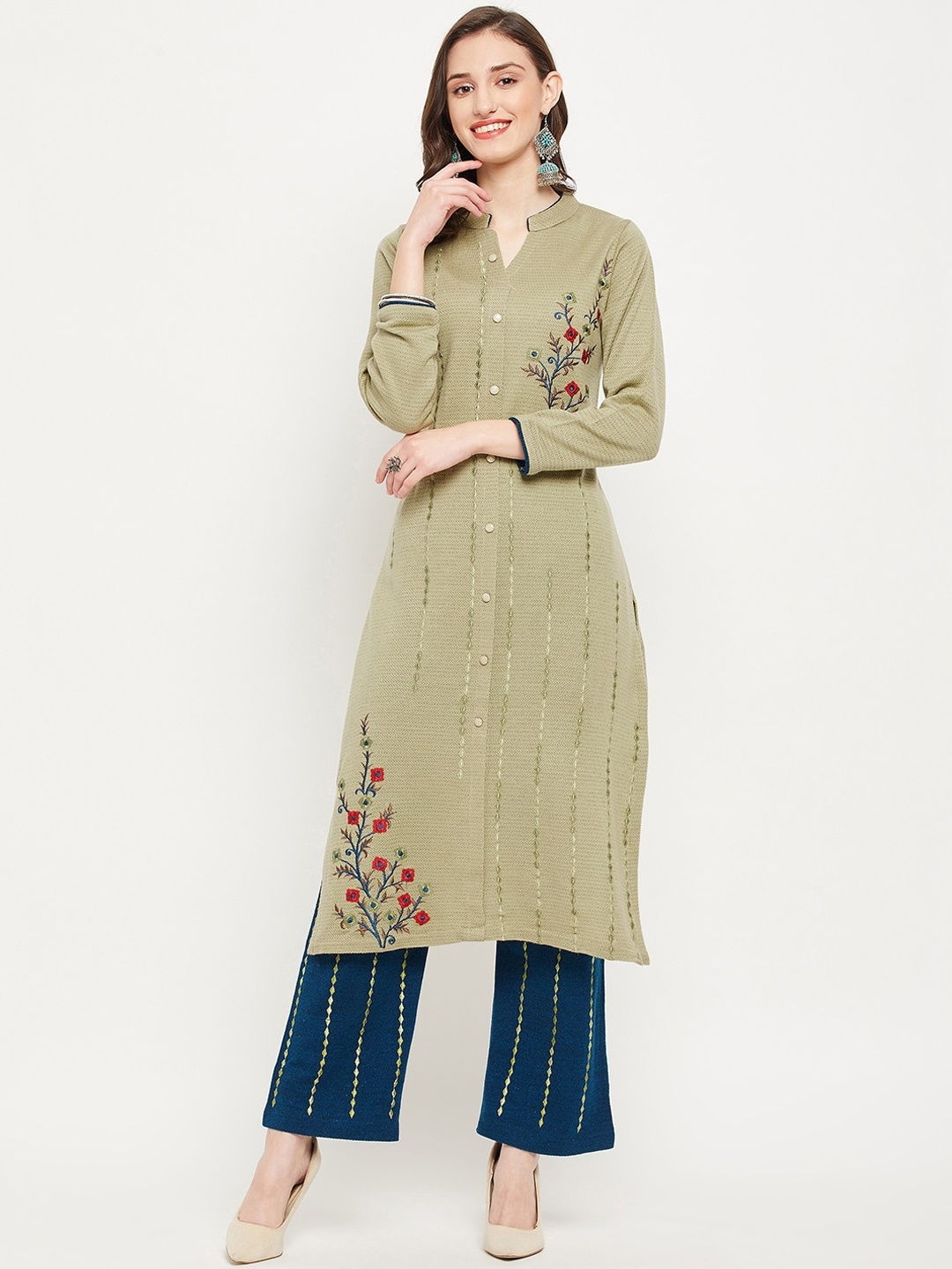 

Zigo Winter Wear Women Floral Embroidered Thread Work Kurta with Trousers, Green