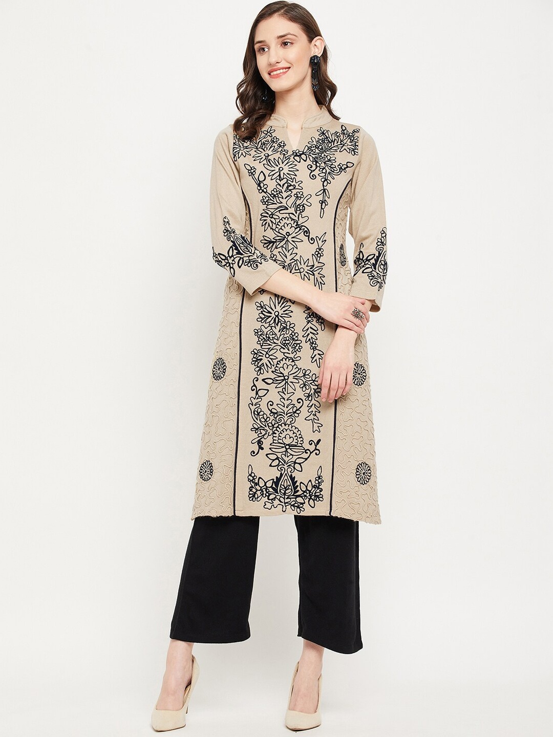 

Zigo Winter Floral Embroidered Thread Work Kurta with Trousers, Beige