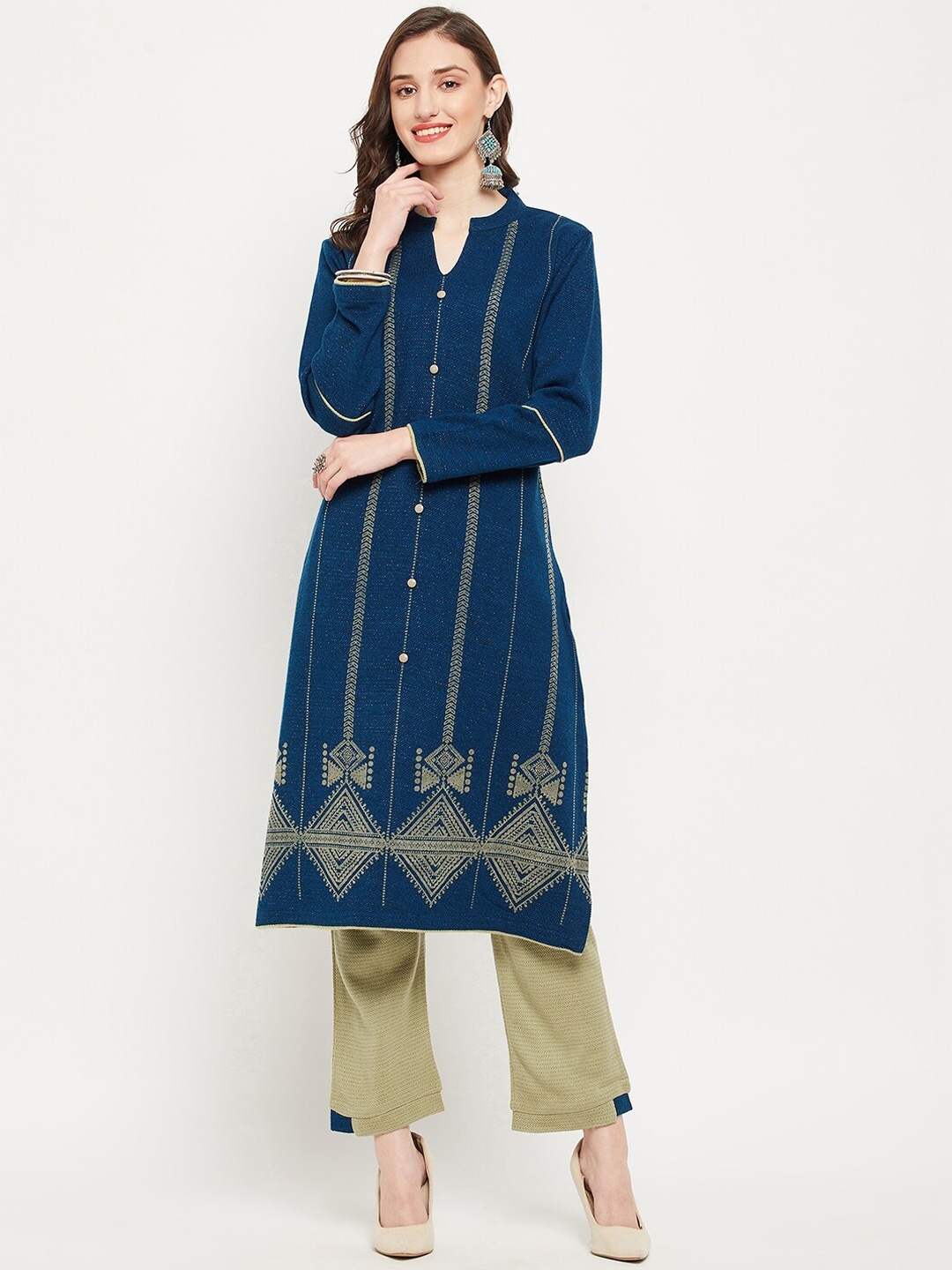 

Zigo Winter Wear Winter Ethnic Motifs Printed Thread Work Kurta with Trousers, Blue
