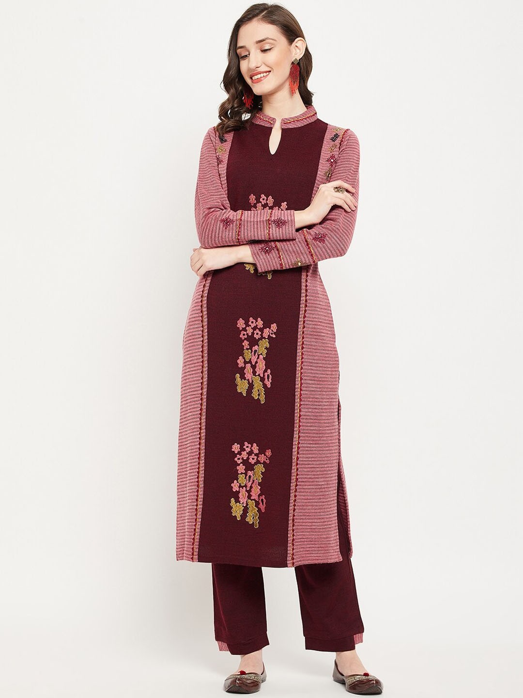 

Zigo Floral Embroidered Thread Work Kurta with Trousers, Red