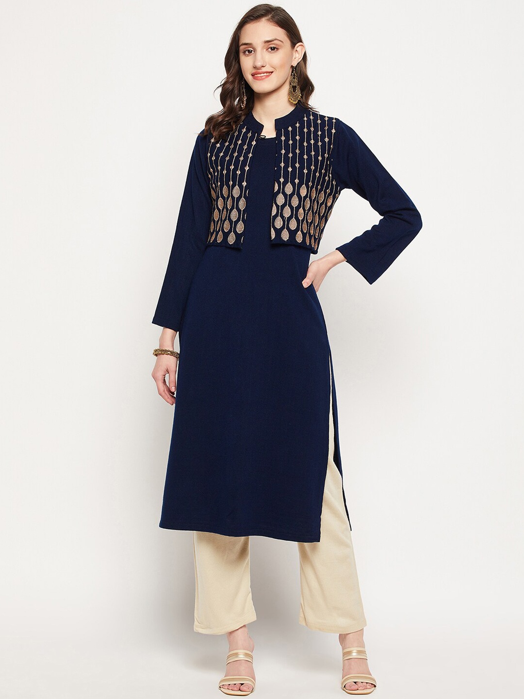 

Zigo Ethnic Motifs Round Neck Kurta with Trousers & Jacket, Navy blue