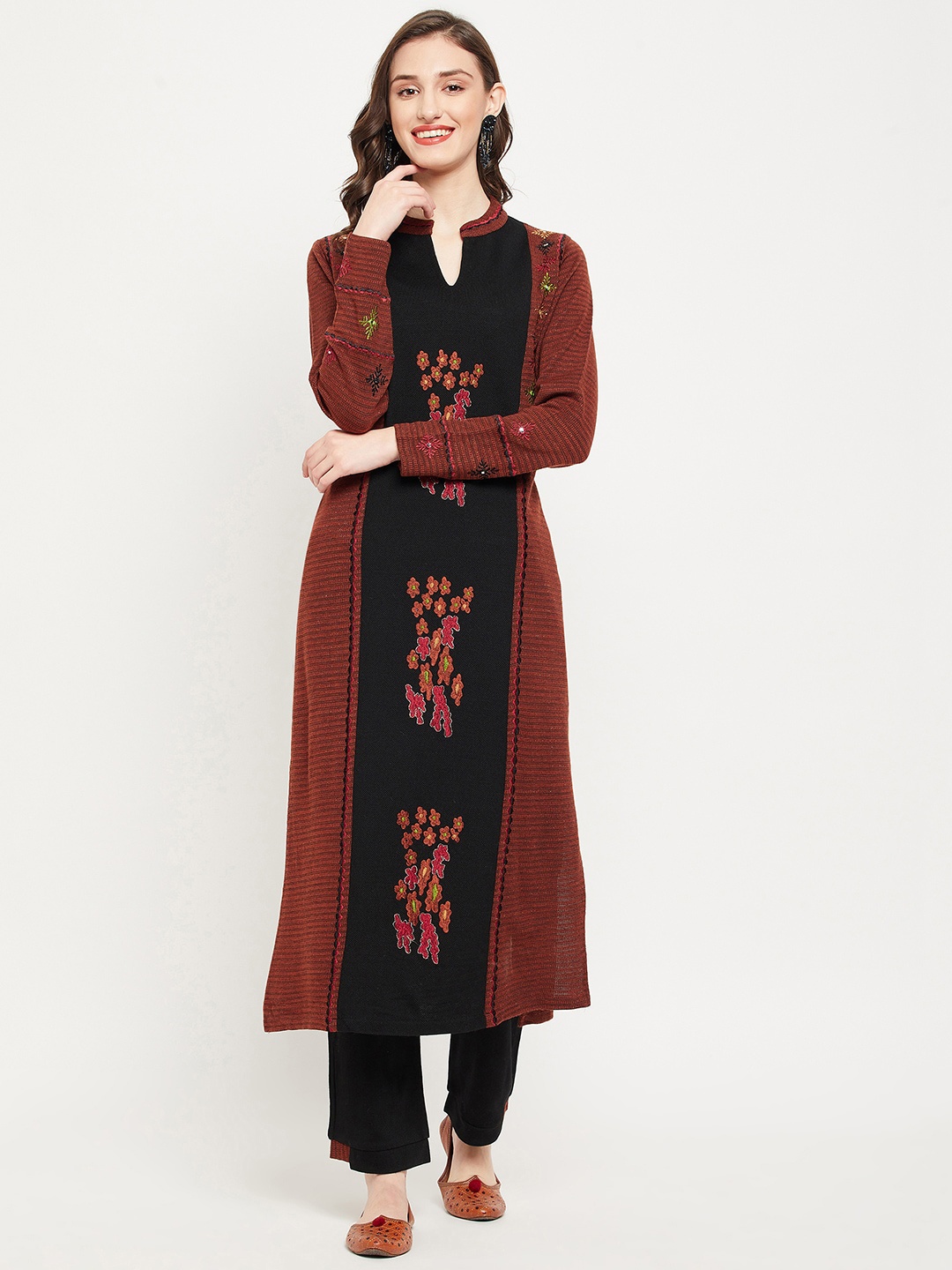 

Zigo Floral Embroidered Kurta with Trousers, Brown