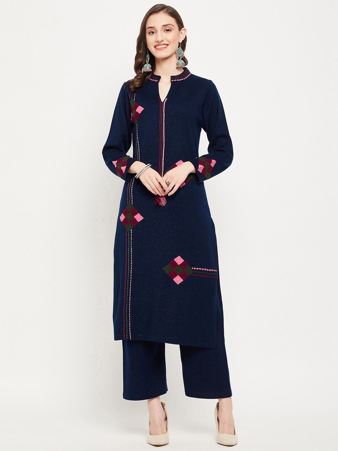 

Zigo Winter Wear Embroidered Band Collar Kurta with Trousers, Navy blue