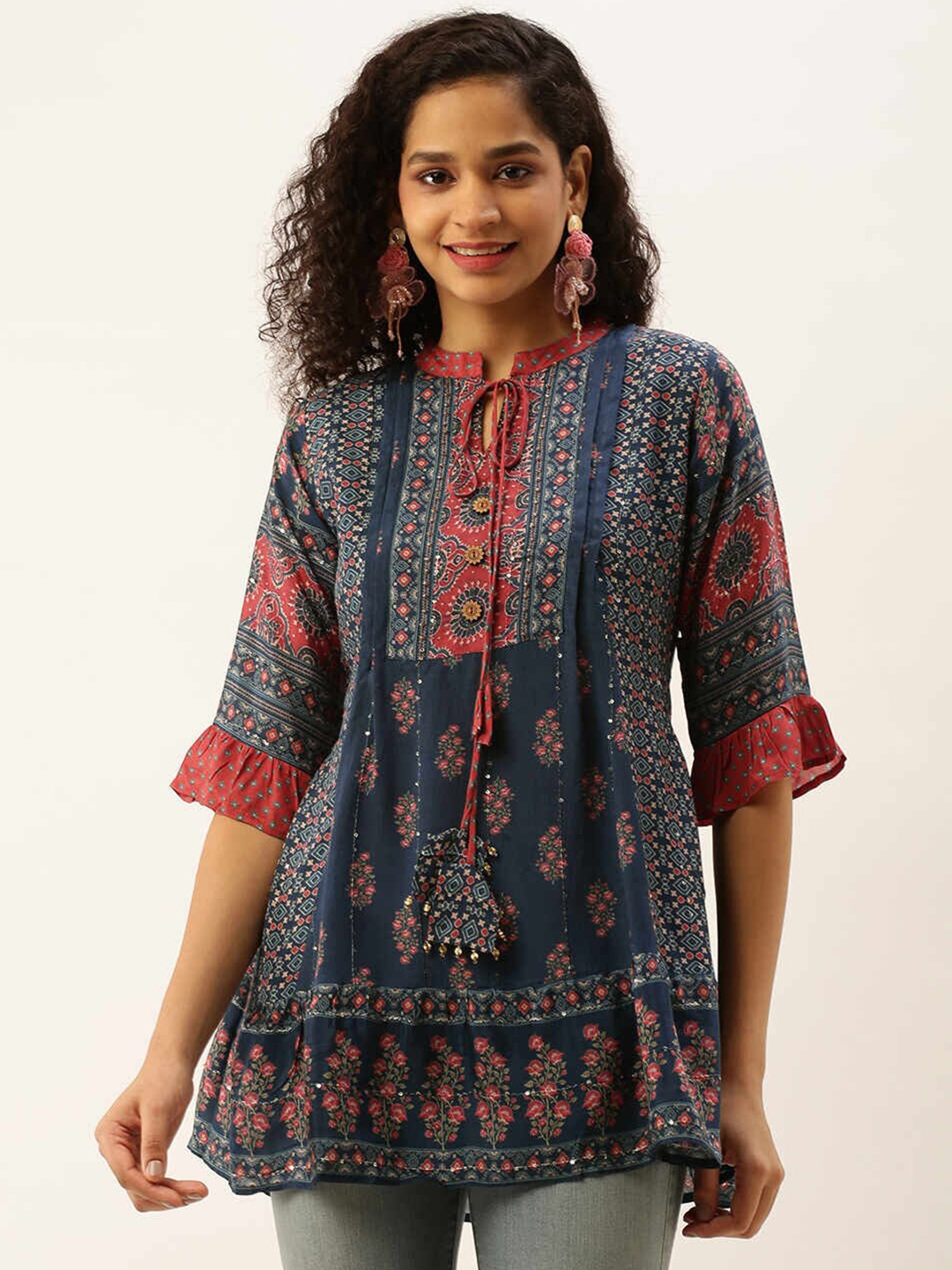 

ZOLA Mandarin Collar Printed With Beaded Work Cotton Tunic, Blue