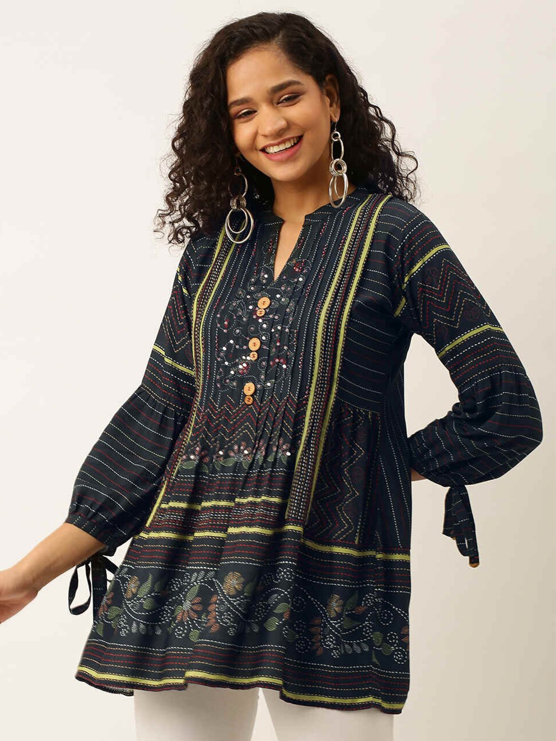 

ZOLA Mandarin Collar Printed Tie-up Sleeves Cotton Tunic, Navy blue
