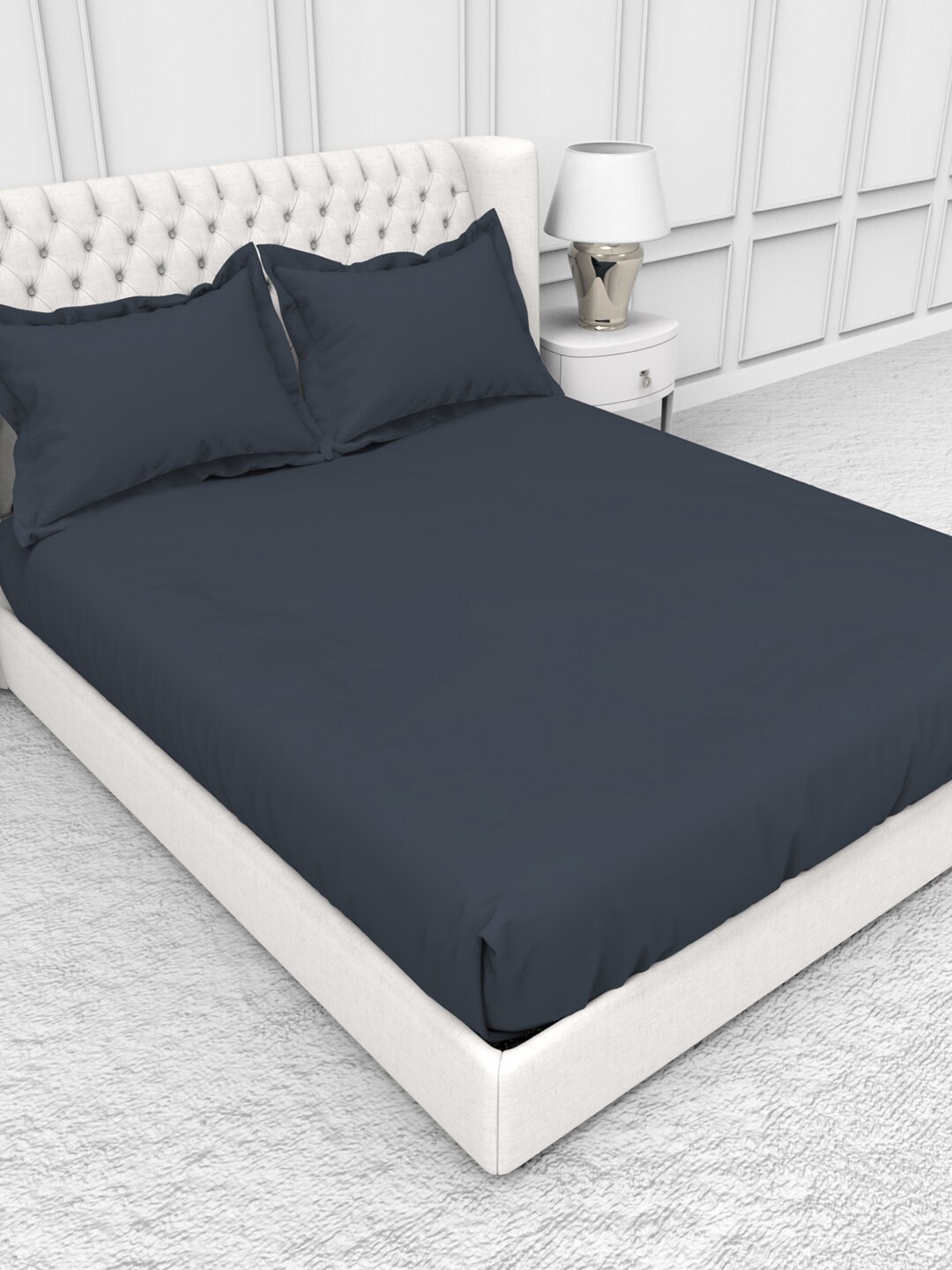 

THE WHITE MOSS Alley Pure Cotton 300 TC Single Bedsheet with 2 Pillow Covers, Navy blue