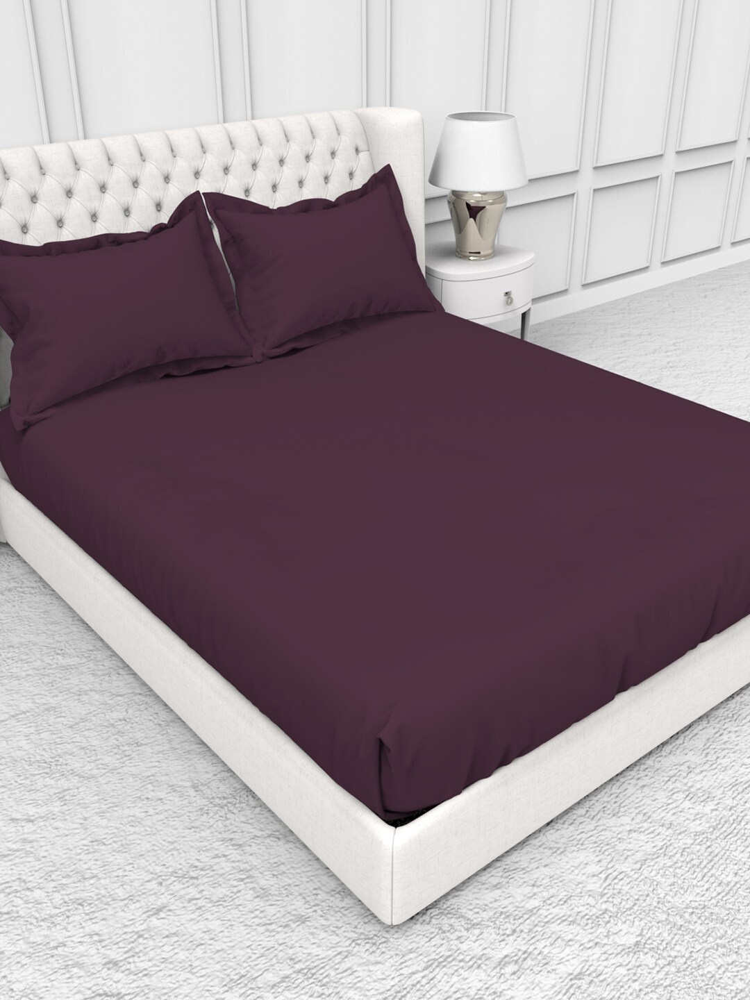 

THE WHITE MOSS Alley Burgundy Pure Cotton 300 TC Fitted King Bedsheet with 2 Pillow Covers