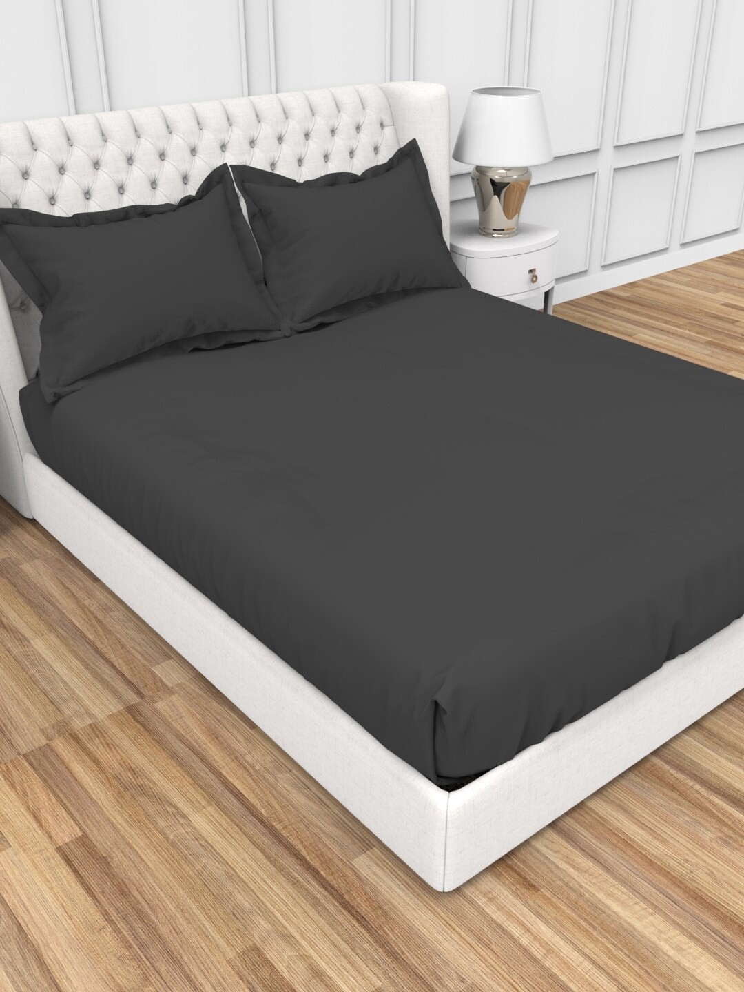 

THE WHITE MOSS Alley Charcoal Pure Cotton 300 TC King Bedsheet with 2 Pillow Covers