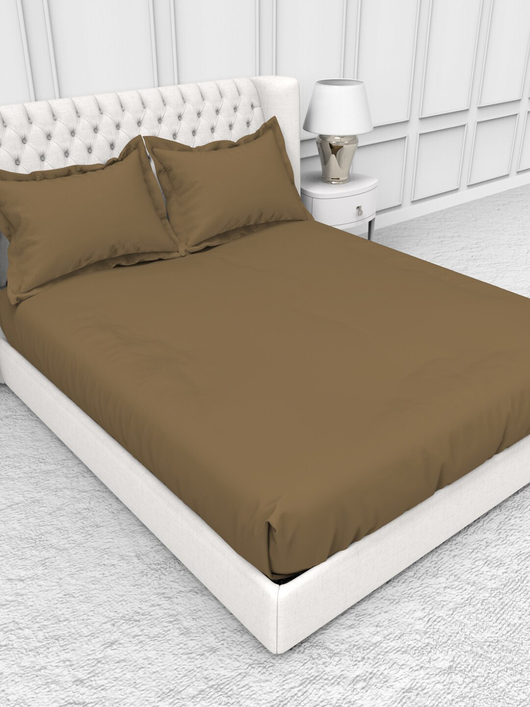 

THE WHITE MOSS Alley Tan Pure Cotton 300 TC Fitted King Bedsheet with 2 Pillow Covers