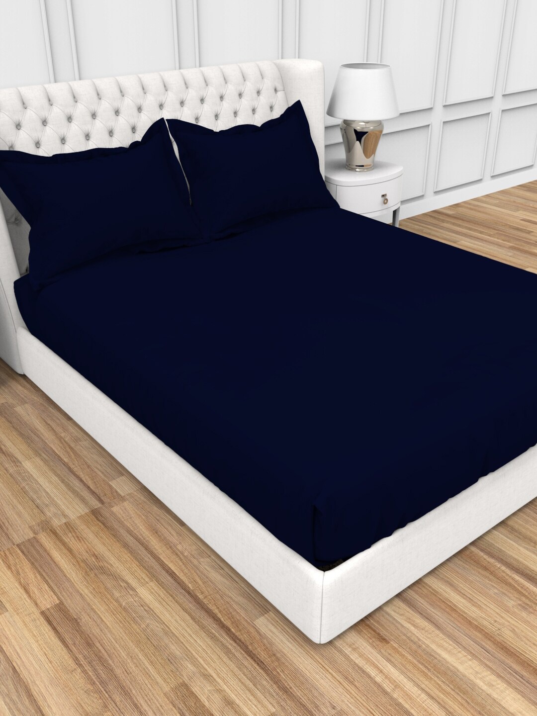 

THE WHITE MOSS Alley Navy Blue Pure Cotton 300 TC Single Bedsheet with 2 Pillow Covers