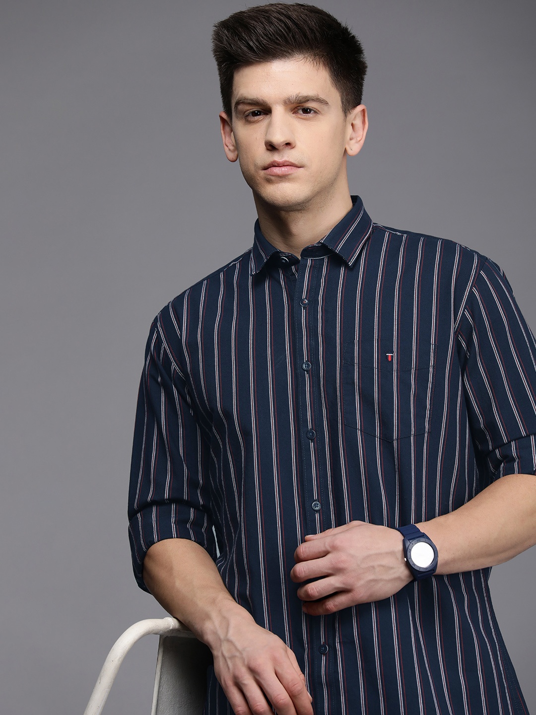 

Louis Philippe Sport Pure Cotton Slim Fit Striped Casual Shirt, Navy blue