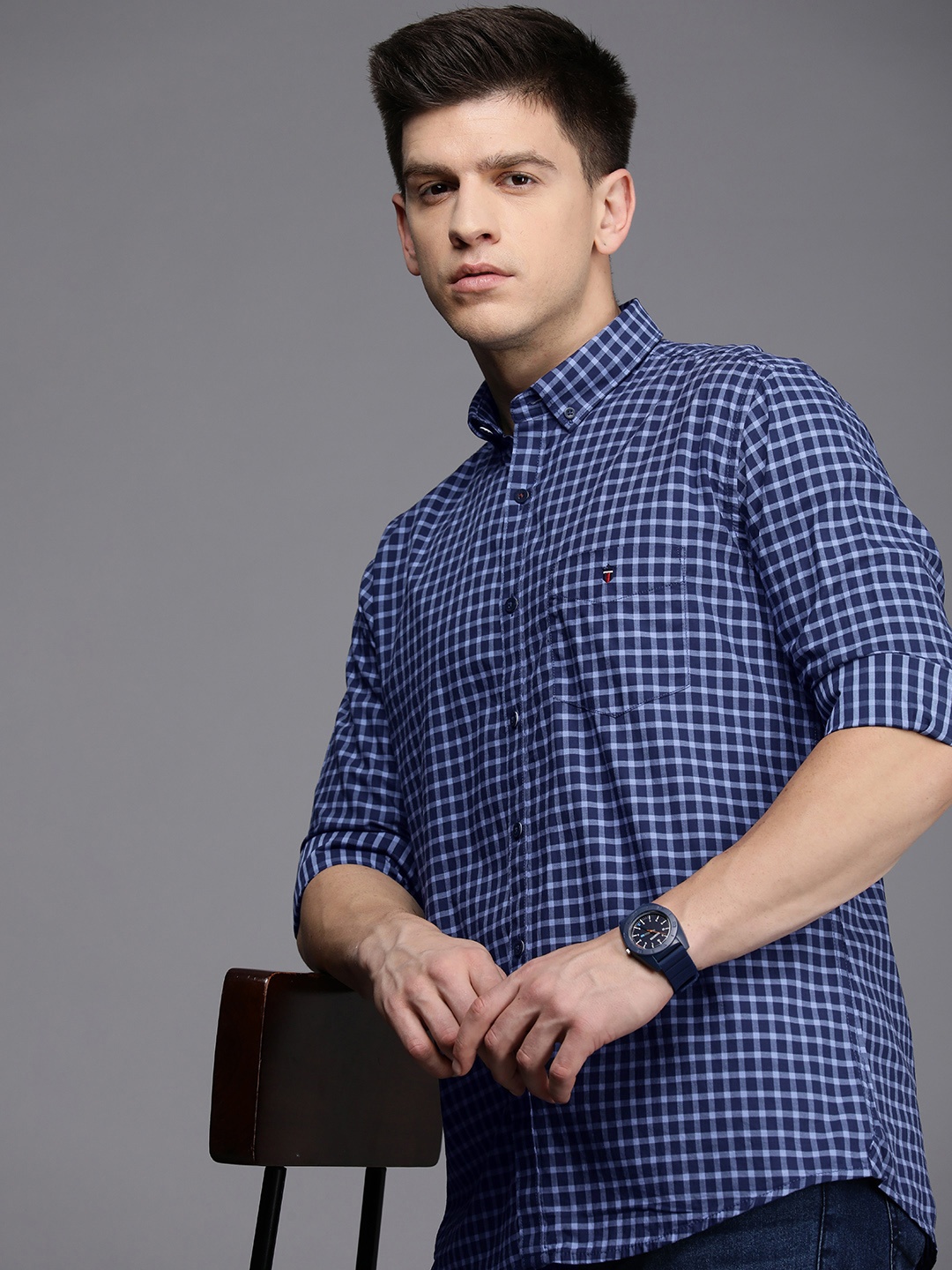 

Louis Philippe Sport Pure Cotton Slim Fit Checked Casual Shirt, Blue