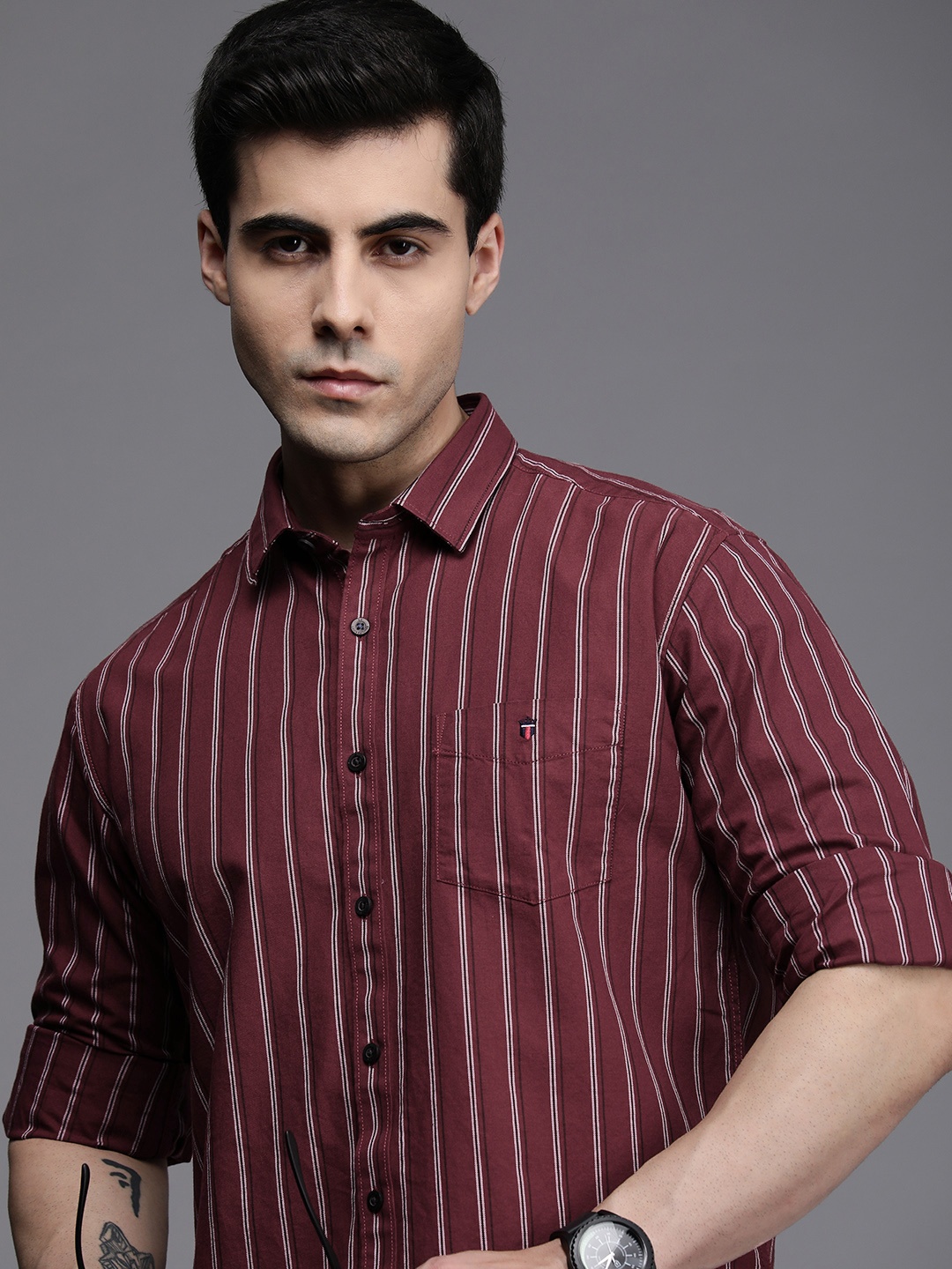 

Louis Philippe Sport Men Pure Cotton Slim Fit Striped Casual Shirt, Maroon