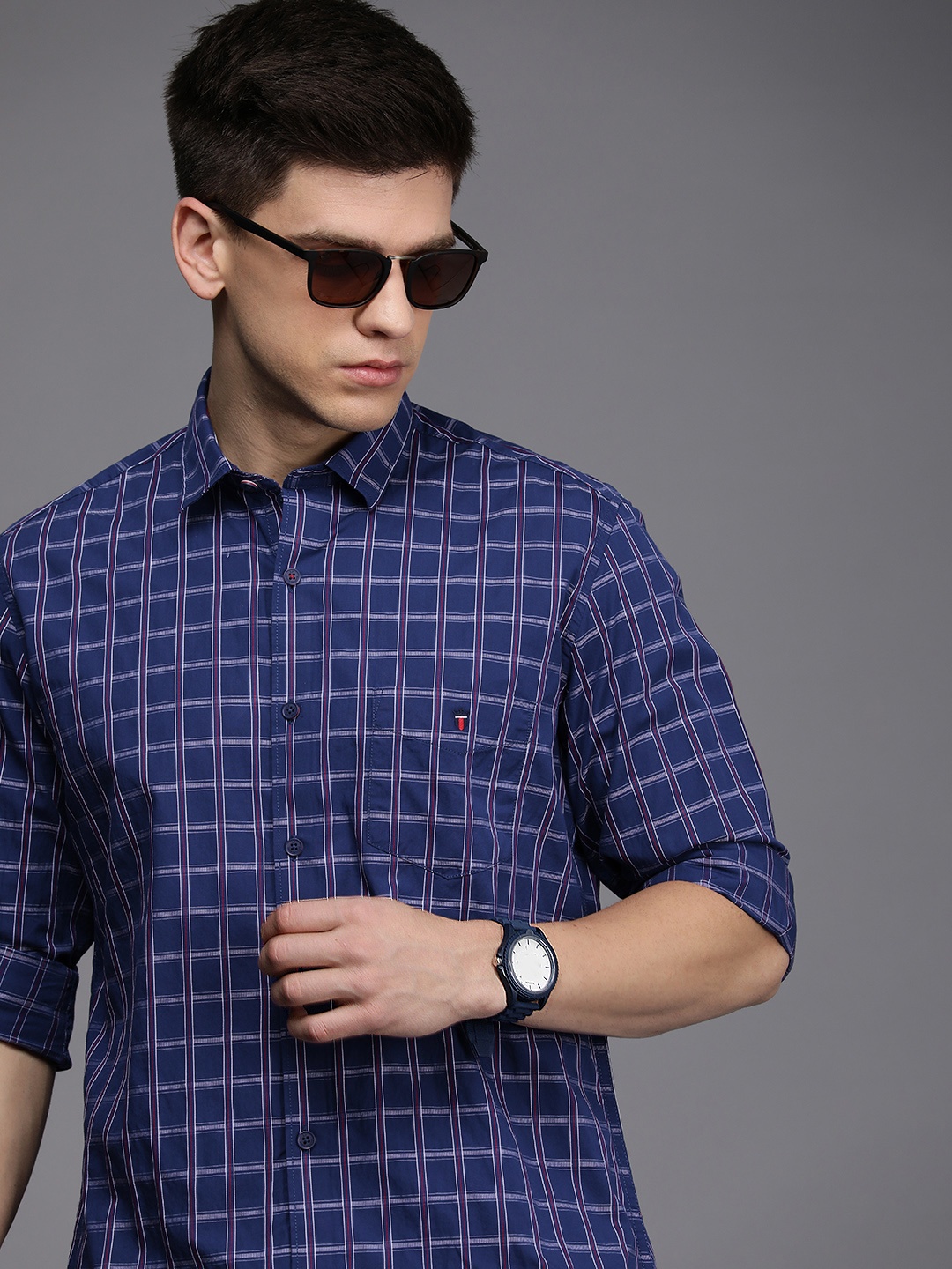 

Louis Philippe Sport Pure Cotton Slim Fit Checked Casual Shirt, Blue