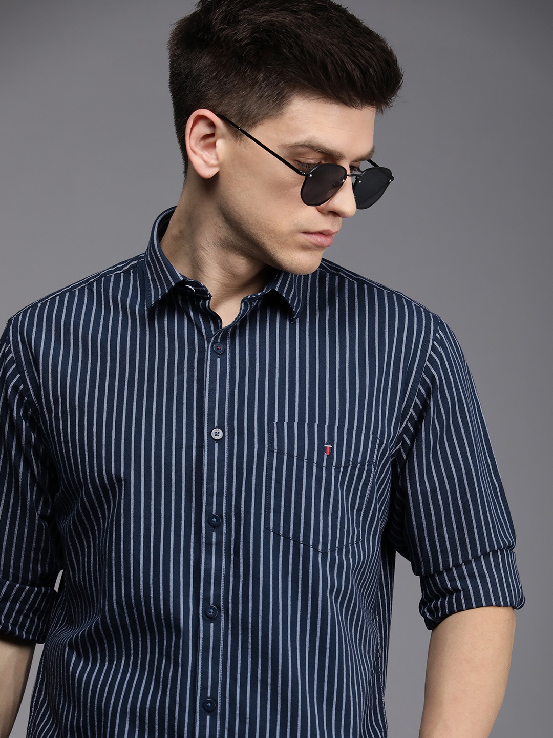 

Louis Philippe Sport Pure Cotton Slim Fit Striped Casual Shirt, Blue
