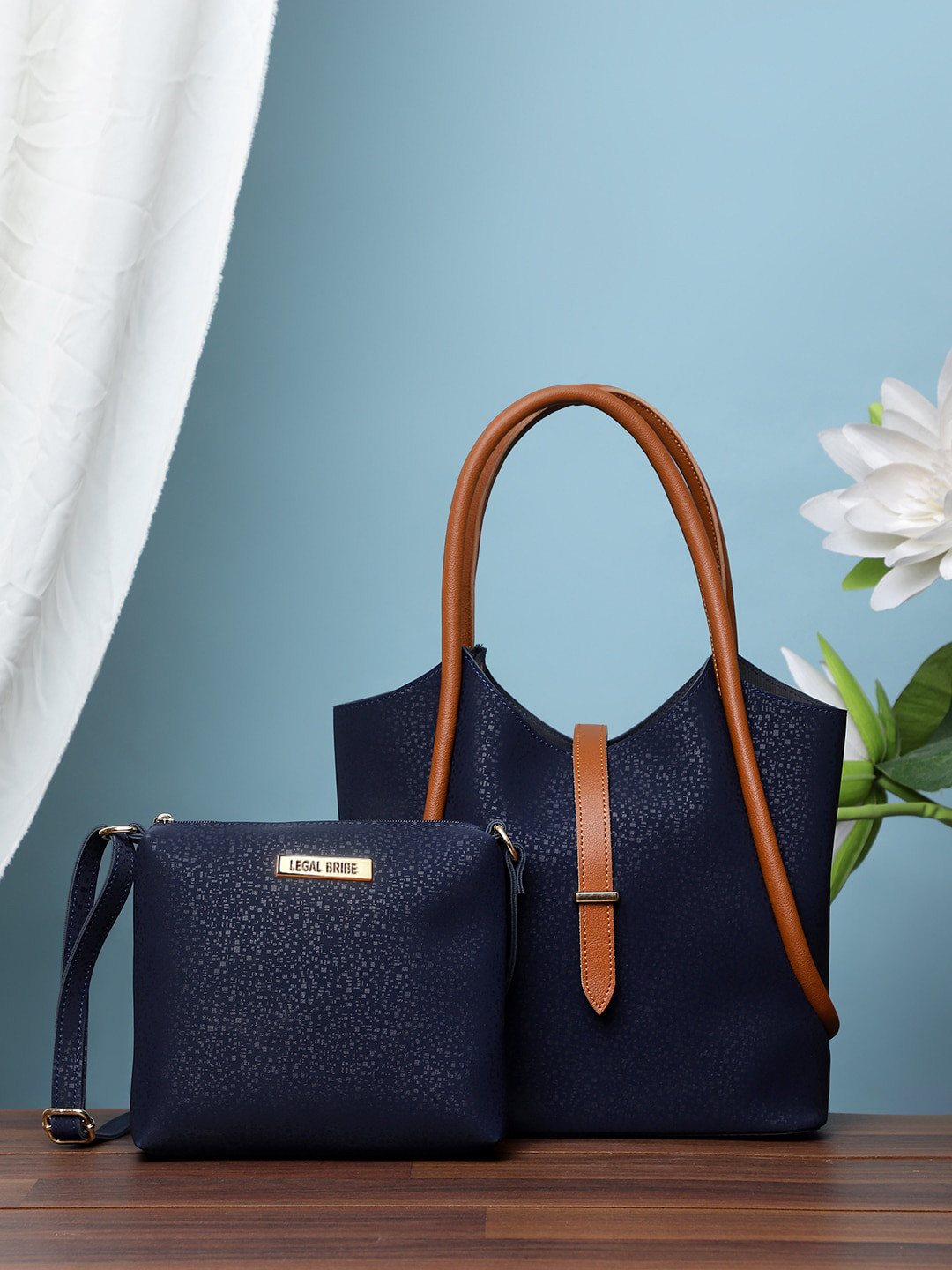 

LEGAL BRIBE Set Of 2 Textured PU Structured Shoulder Bag with Bow Detail, Navy blue