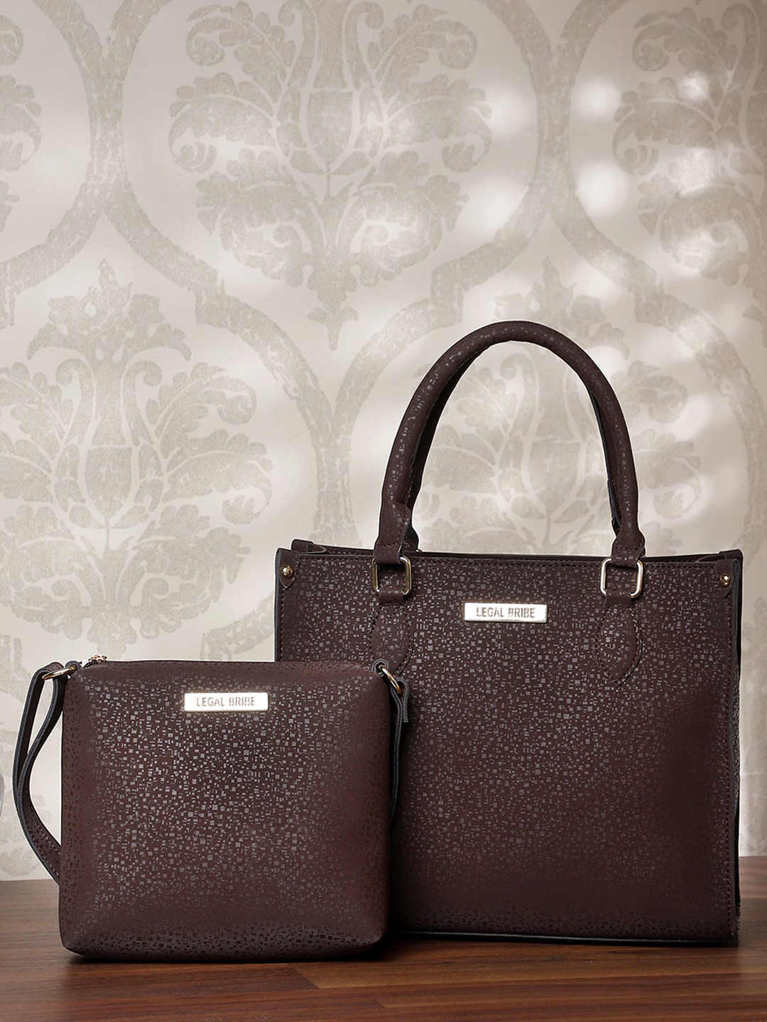 

LEGAL BRIBE Brown PU Structured Handheld Bag with Cut Work
