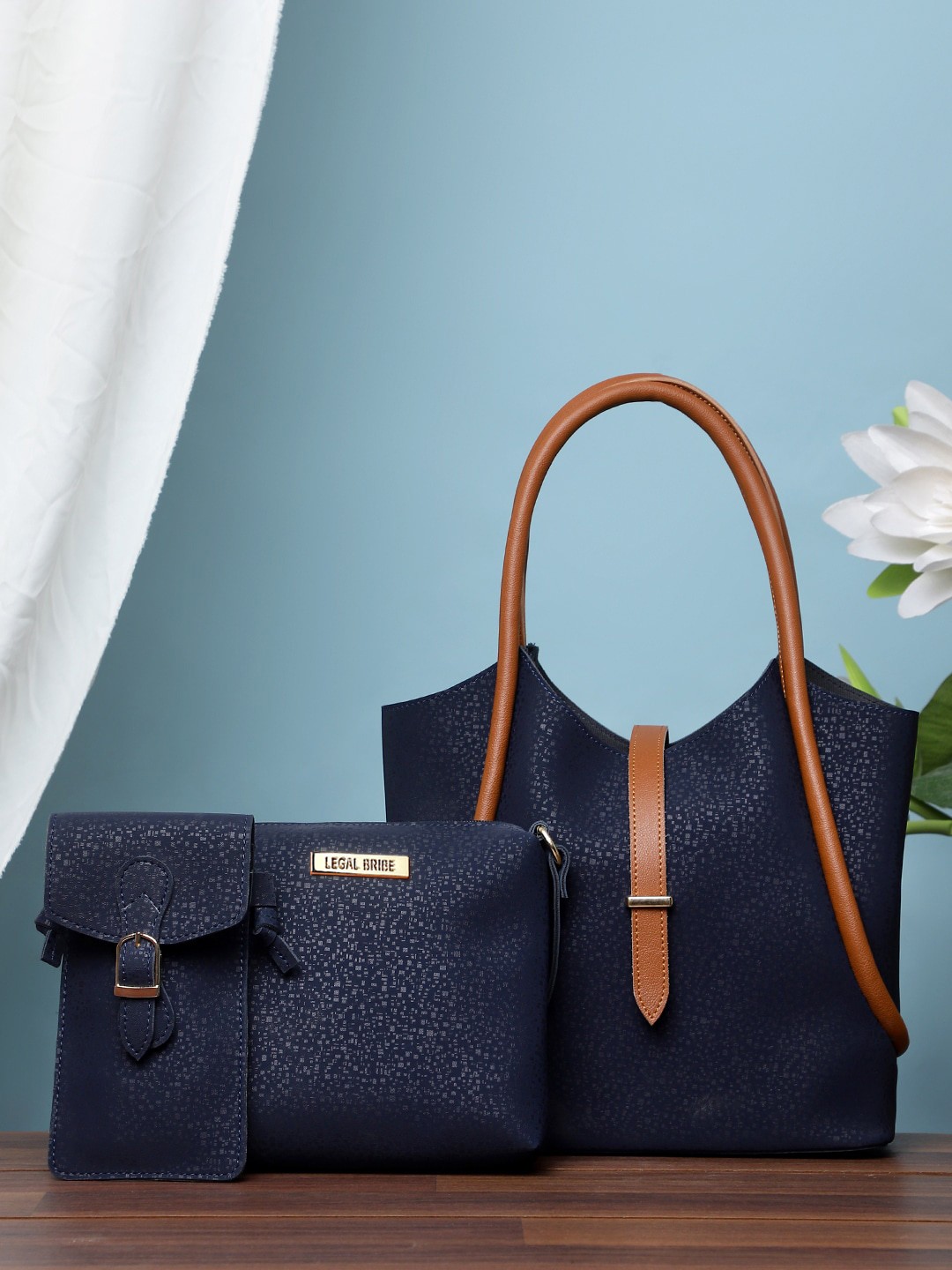 

LEGAL BRIBE Set of 3 Textured PU Structured Handheld Bag, Blue