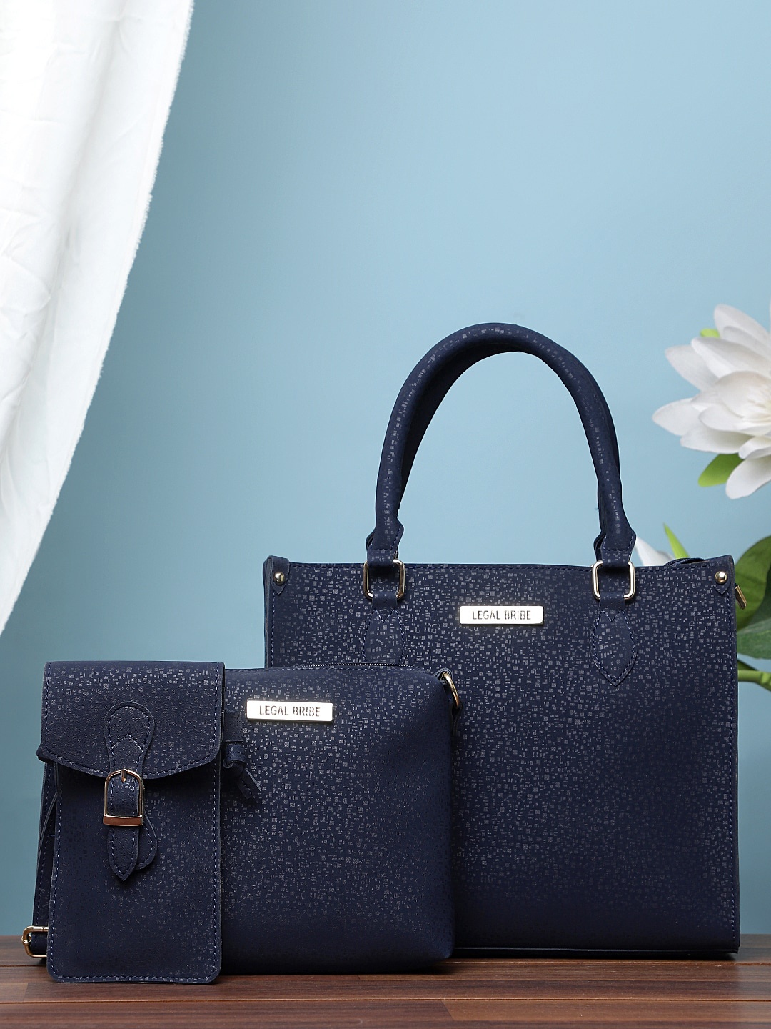 

LEGAL BRIBE Set of 3 Textured PU Structured Satchel, Blue