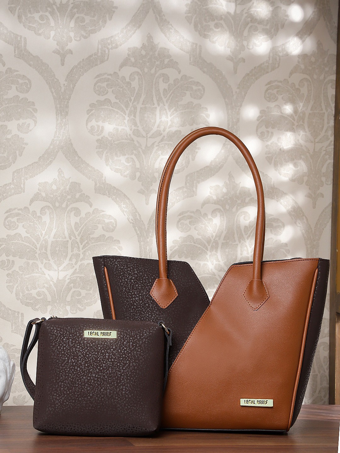 

LEGAL BRIBE Set of 2 Colourblocked PU Structured Tote Bag with Cut Work, Brown