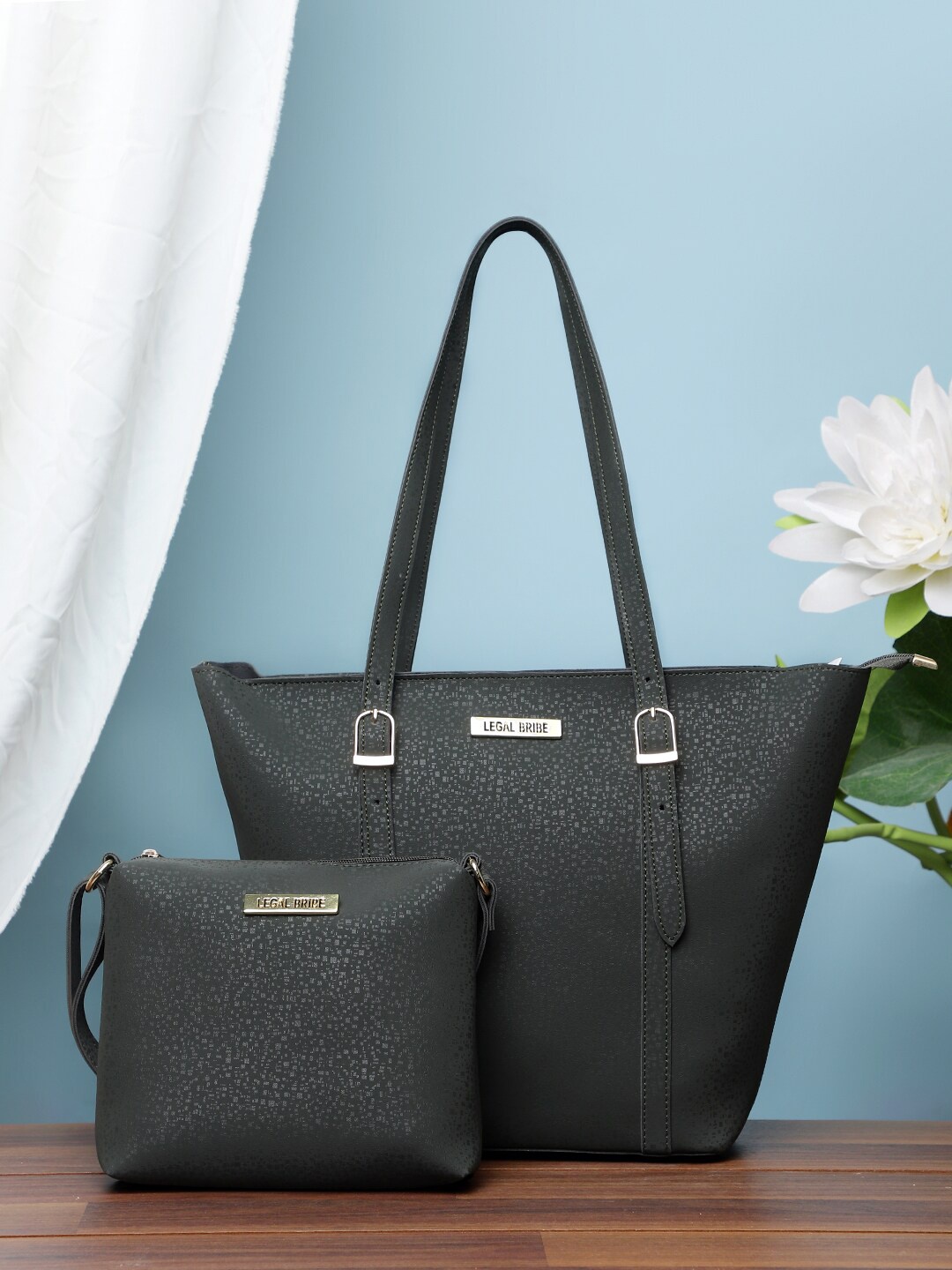 

LEGAL BRIBE Set of 2 Textured PU Structured Tote Bag, Olive