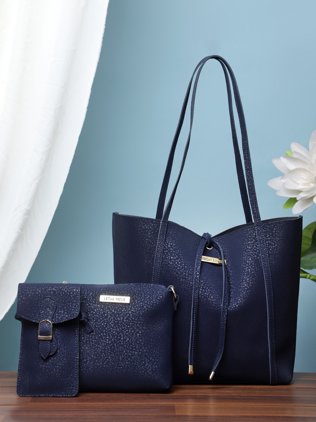 

LEGAL BRIBE Set of 3 Textured PU Structured Tote Bag, Blue