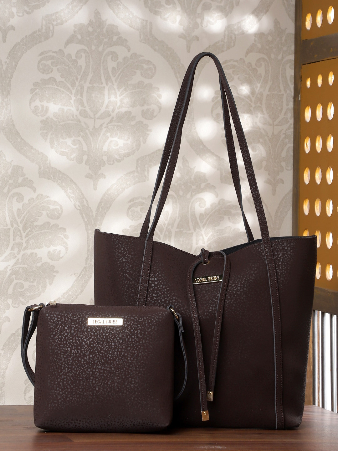 

LEGAL BRIBE Set of 2 Textured PU Tote Bag with Tasselled Handbags, Brown
