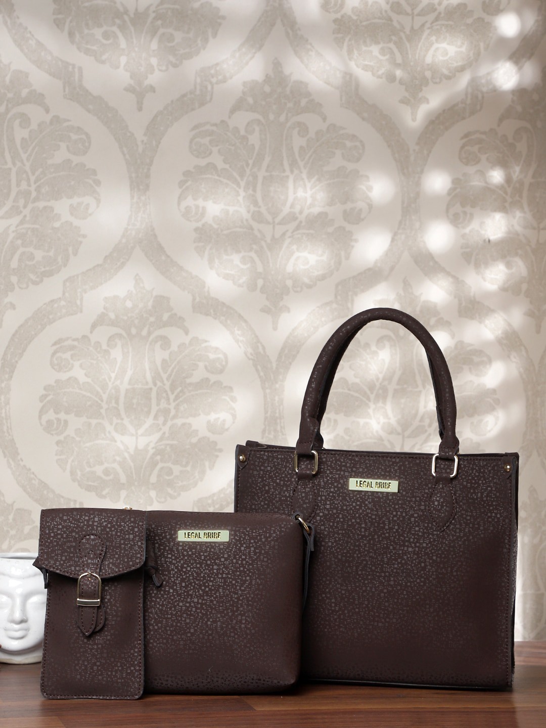

LEGAL BRIBE Set of 3 Textured PU Structured Handheld Bag, Brown