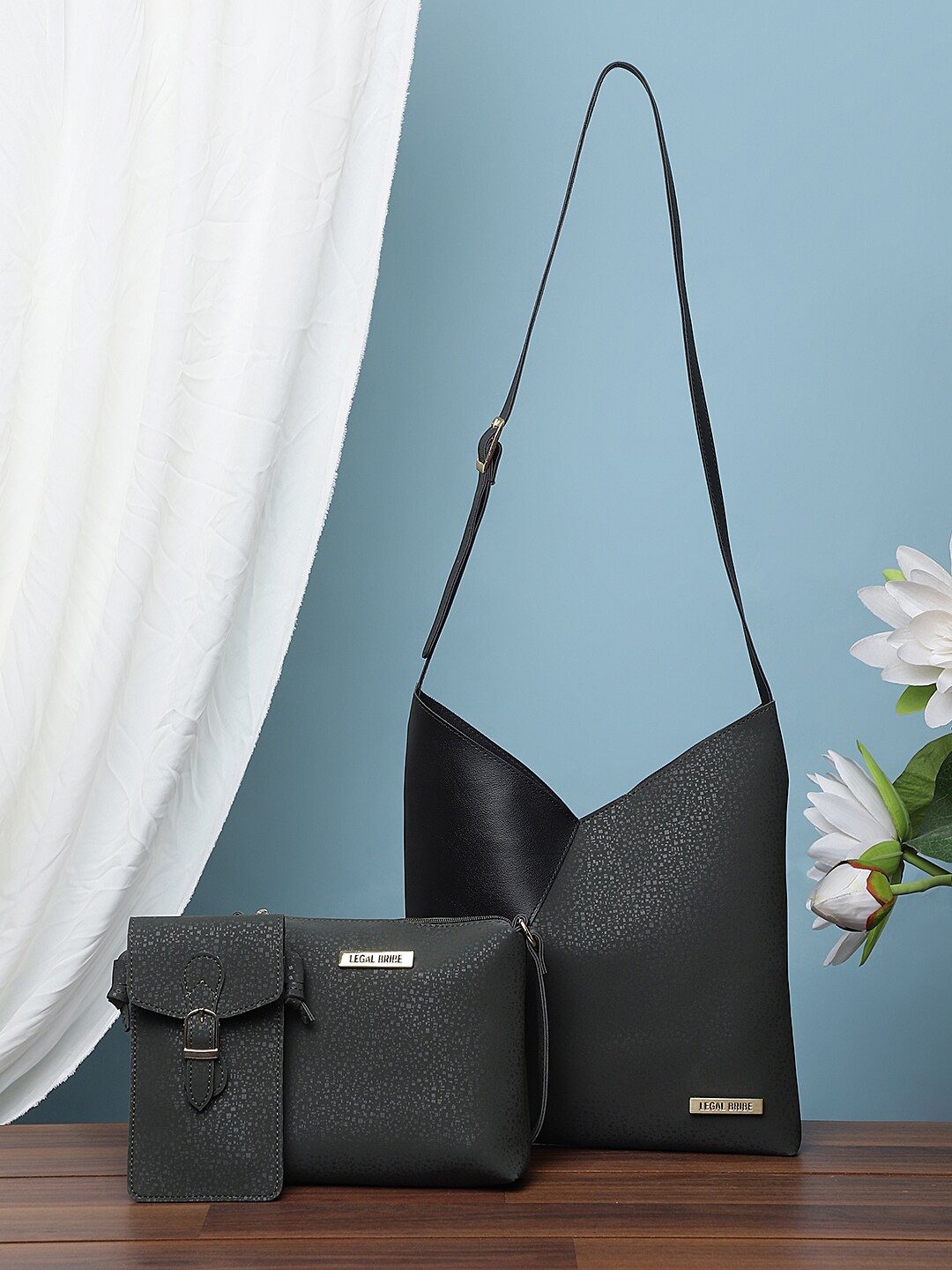

LEGAL BRIBE Set of 3 Textured PU Structured Hobo Bag, Olive