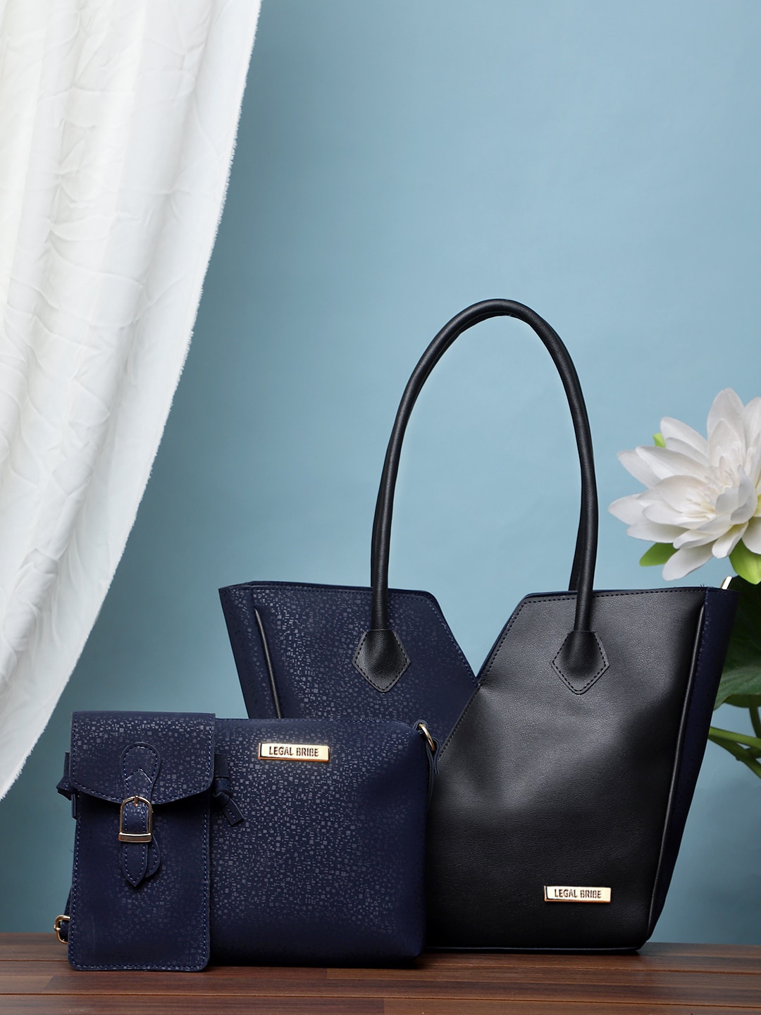 

LEGAL BRIBE Set of 3 Colourblocked PU Structured Tote Bag with Cut Work, Blue