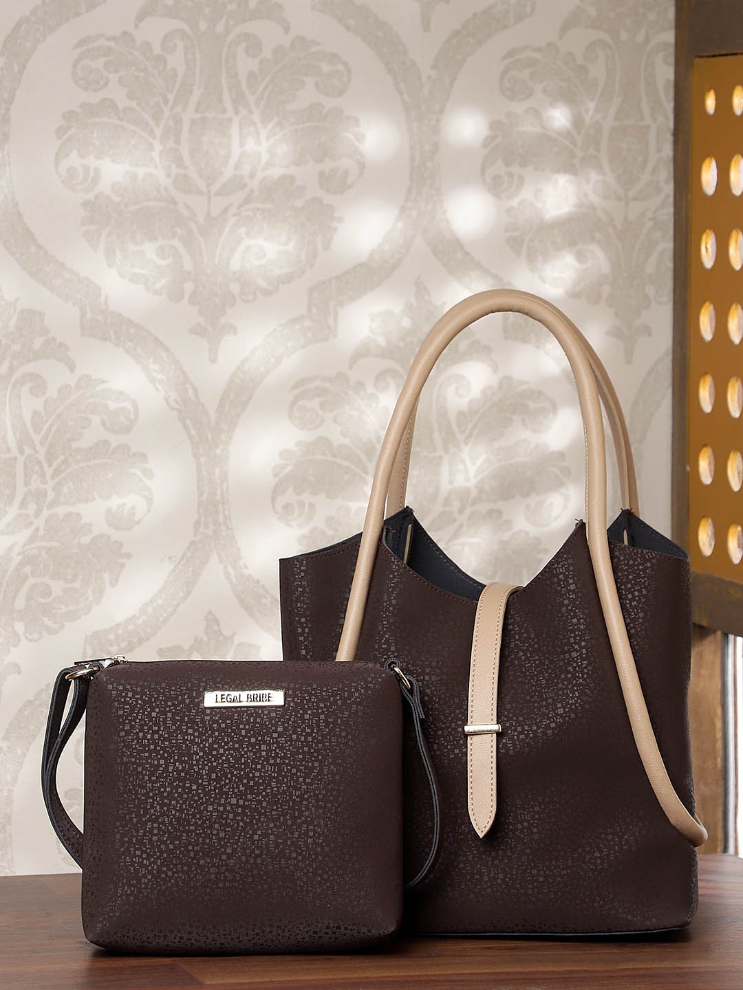 

LEGAL BRIBE Set of 2 Textured PU Structured Handheld Bag, Brown