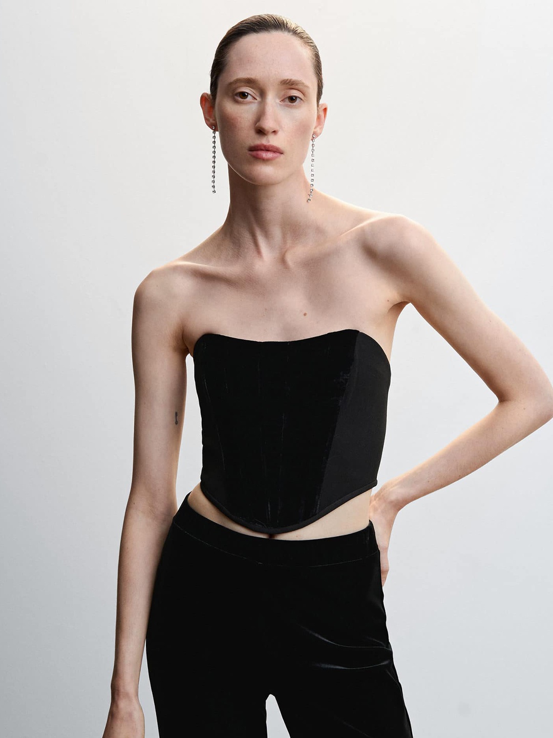 

MANGO Velvet Corset Cropped Tube Top, Black