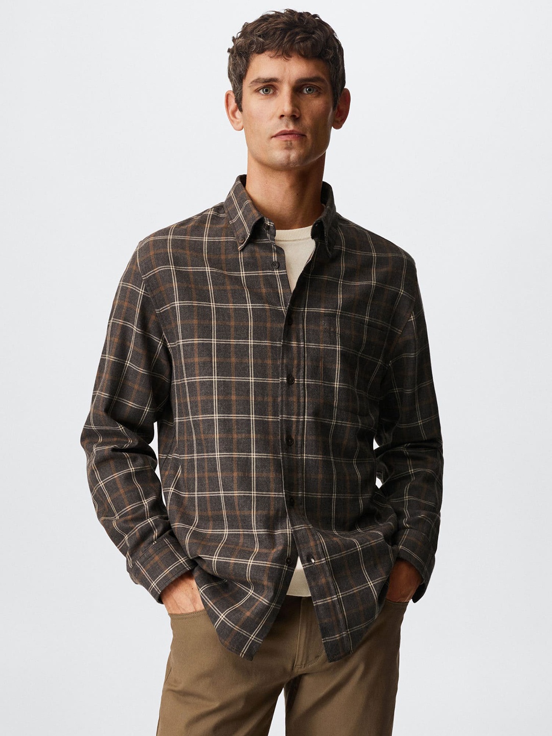 

MANGO MAN Tartan Checked Cotton Flannel Sustainable Shirt, Coffee brown