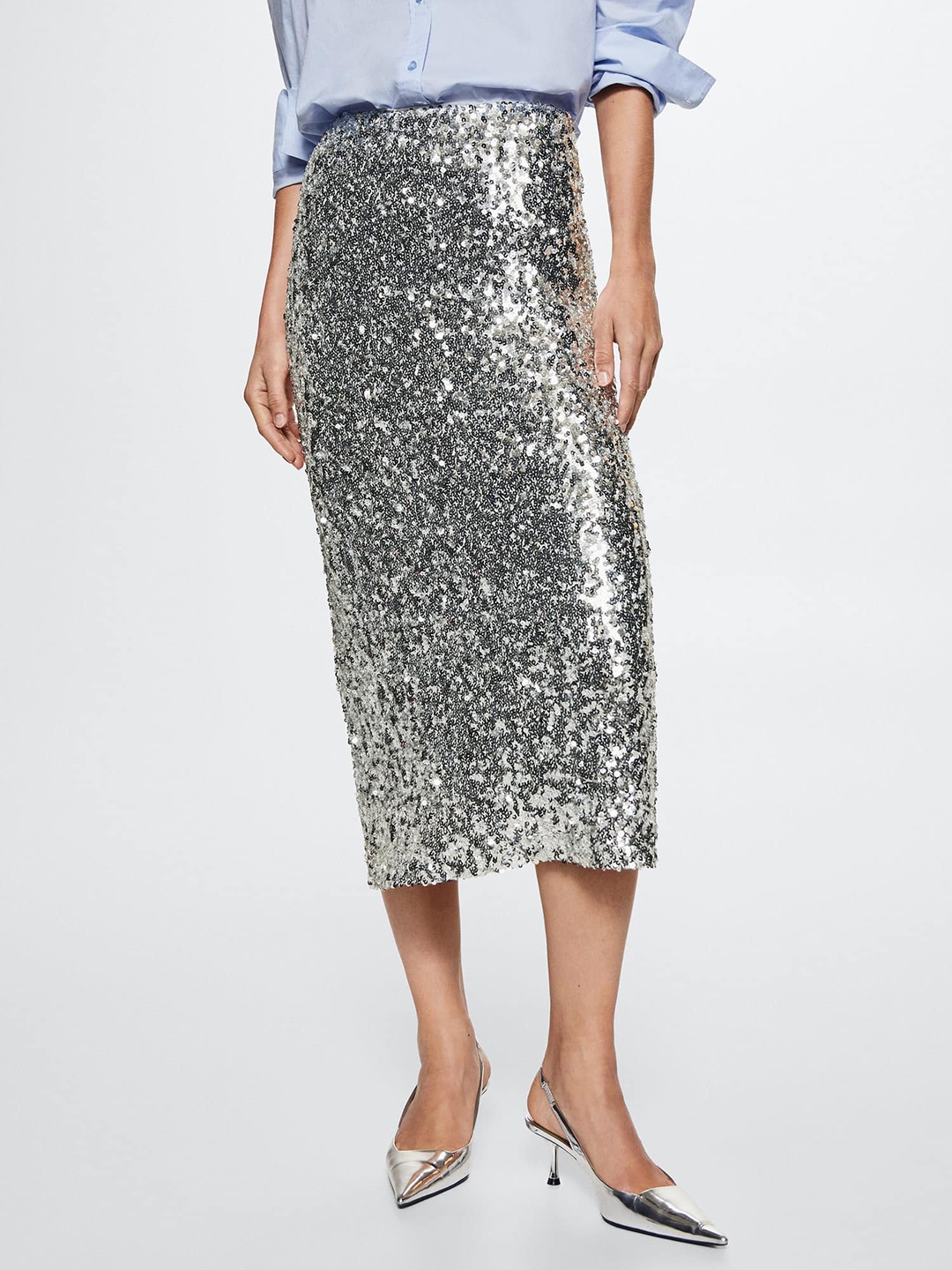 

MANGO Sequined Pencil Midi Skirt, Silver