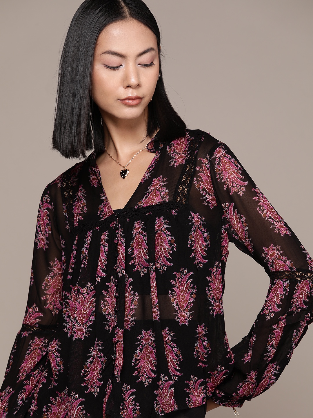 

MANGO Print Paisley Printed Mandarin Collar A-Line Top, Black